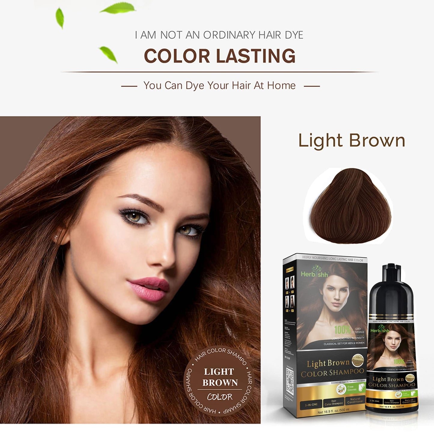 Herbishh - Champú colorante para cabello gris, champú con tinte natural para el cabello, colorea el cabello en minutos, dura hasta de 3 a 4 semanas, 500 ml, tinte de cabello 3 en 1, sin amoniaco | (marrón claro)