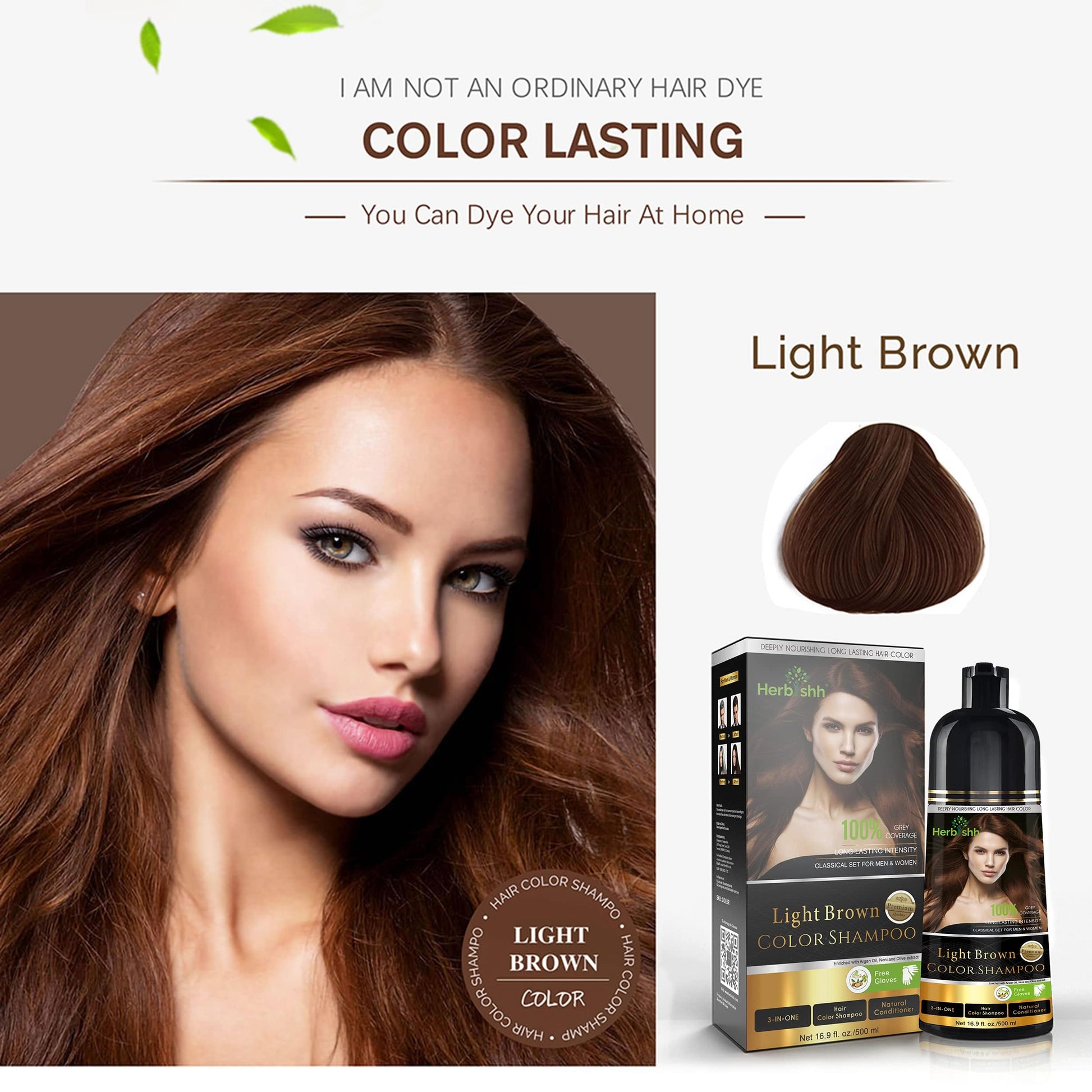 Herbishh - Champú colorante para cabello gris, champú con tinte natural para el cabello, colorea el cabello en minutos, dura hasta de 3 a 4 semanas, 500 ml, tinte de cabello 3 en 1, sin amoniaco | (marrón claro)
