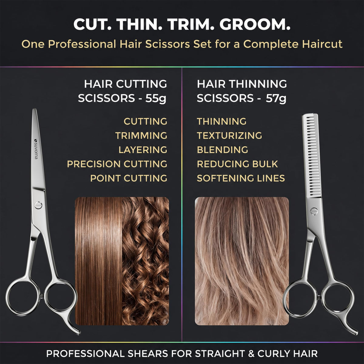 Suvorna Juego de tijeras para cortar y adelgazar el cabello de 6,5 pulgadas para peluqueros y uso doméstico: juego de tijeras de cabello extremadamente afiladas para adelgazar y cortar.