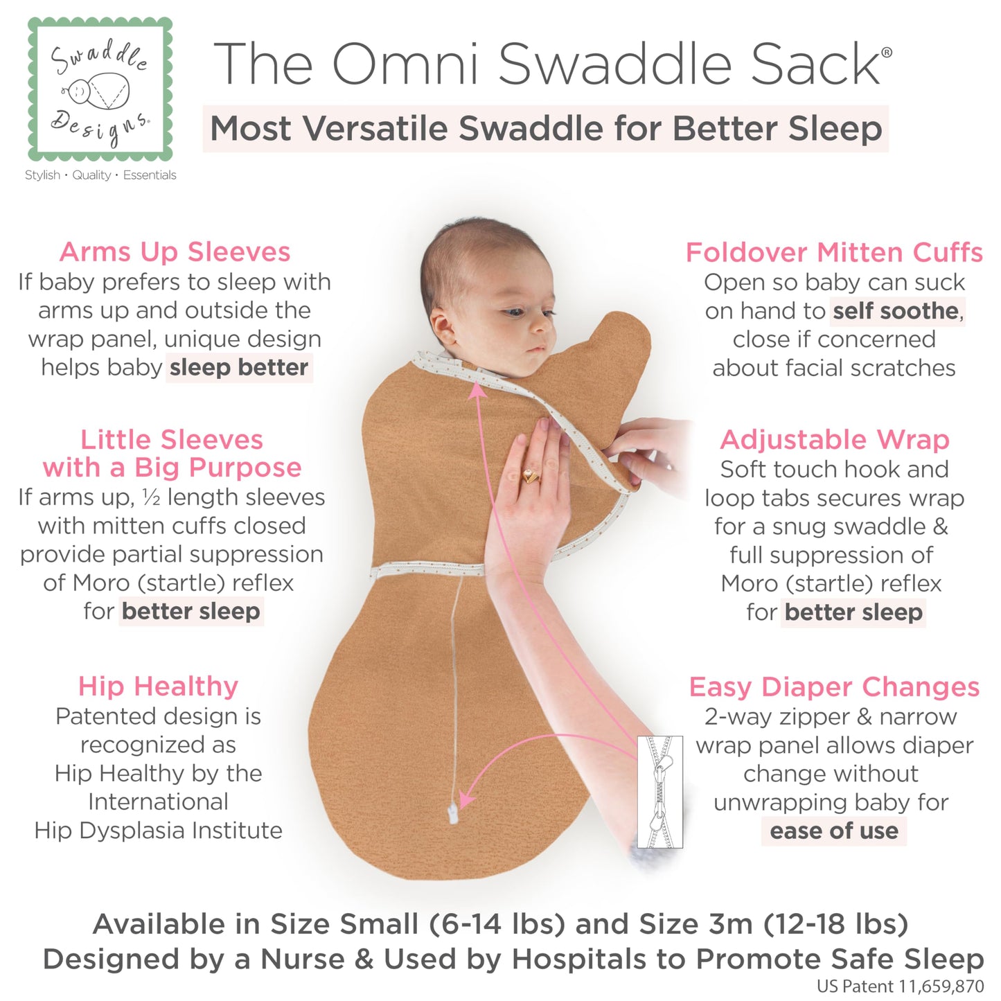 SwaddleDesigns - Saco de dormir Omni de 6 vías para recién nacido, más opciones para calmar el reflejo de sobresaltar, mejora el sueño, saco de dormir para bebé de fácil transición, pequeño, 0-3