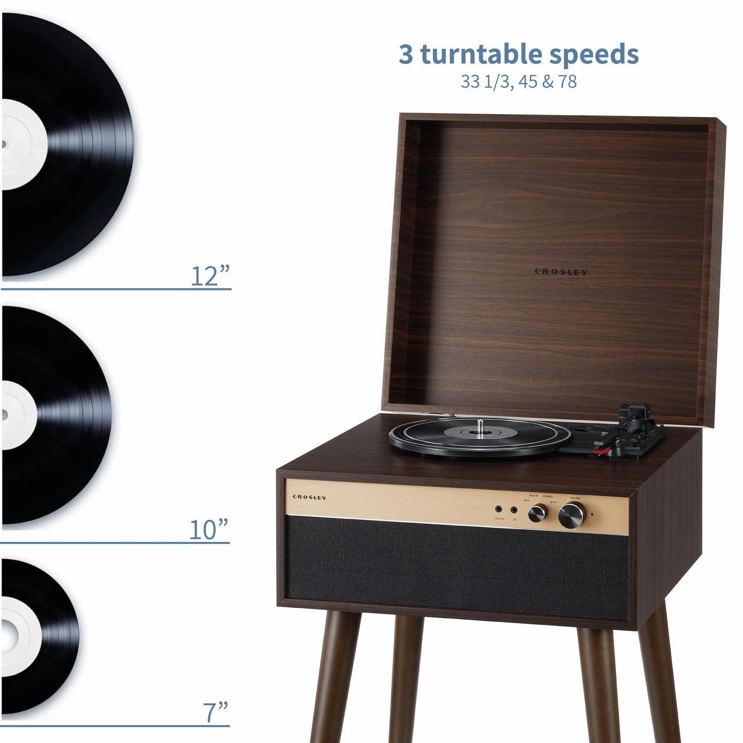 Crosley CR6236A-WA Jasper - Tocadiscos de Vinilo Bluetooth de 3 velocidades con Altavoces Integrados y Patas Desmontables, Color Nogal