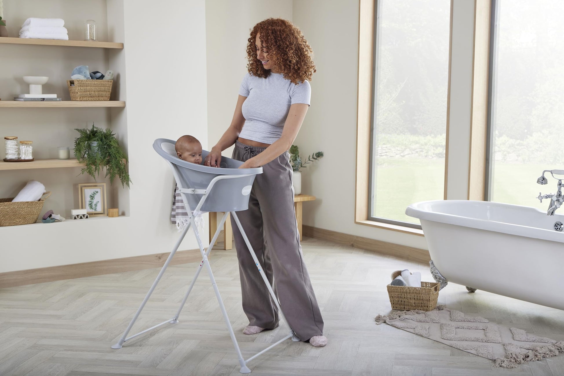 Combo Tina + Base 0 A 12 Meses para Bebé Tina para bebé de 0 a 12 meses + Soporte de Tina Varios Colores con Tapón (Gris)