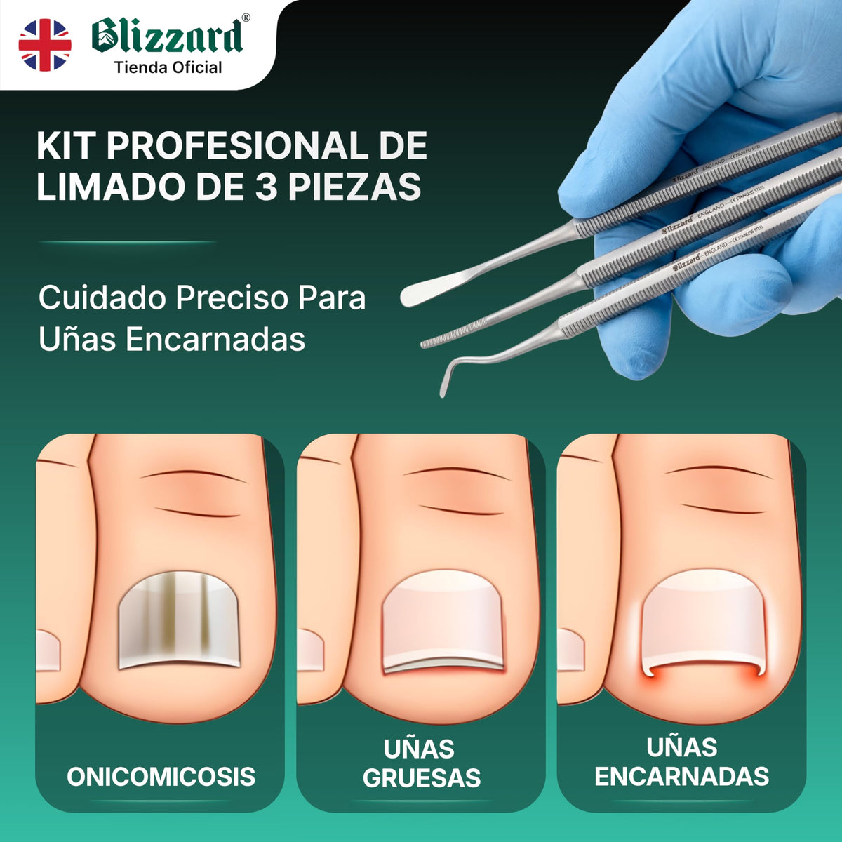 Blizzard Kit Pedicura Profesional 3 Piezas - Herramientas para Uñas Encarnadas y Delicadas - Utensilios de Acero Inoxidable Podología Limpiador Elevador Lima Doble Cuidado de Pies Premium