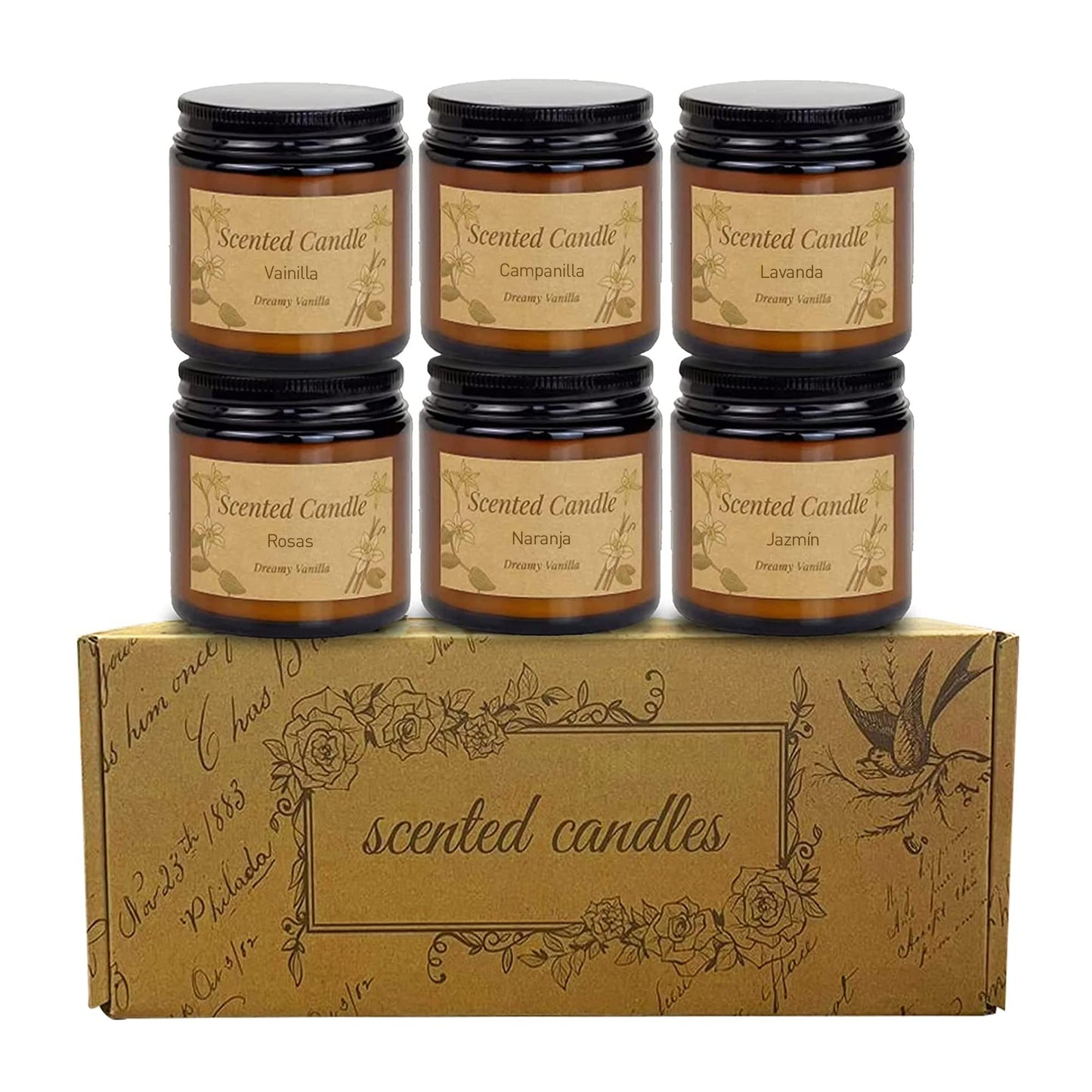 Bluelander Set de 6 Velas Aromaticas Decorativas, Velas de 3.5 Oz, 100% Cera Pura de Soya, Velas Relajantes Olor Vainilla, Campanilla, Lavanda, Rosas, Cítricos y Jazmín (6 Piezas (Todos Los Aromas