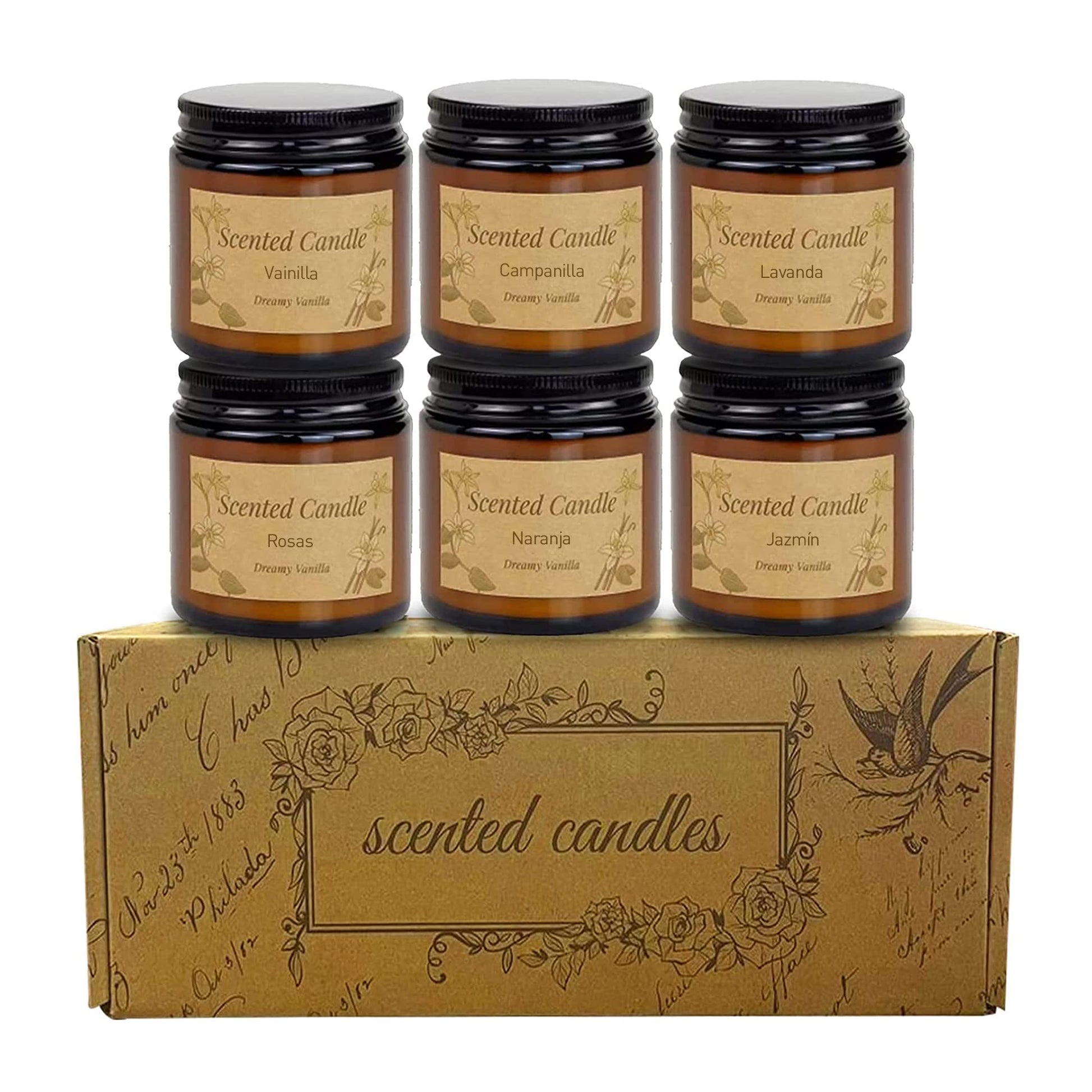 Bluelander Set de 6 Velas Aromaticas Decorativas, Velas de 3.5 Oz, 100% Cera Pura de Soya, Velas Relajantes Olor Vainilla, Campanilla, Lavanda, Rosas, Cítricos y Jazmín (6 Piezas (Todos Los Aromas