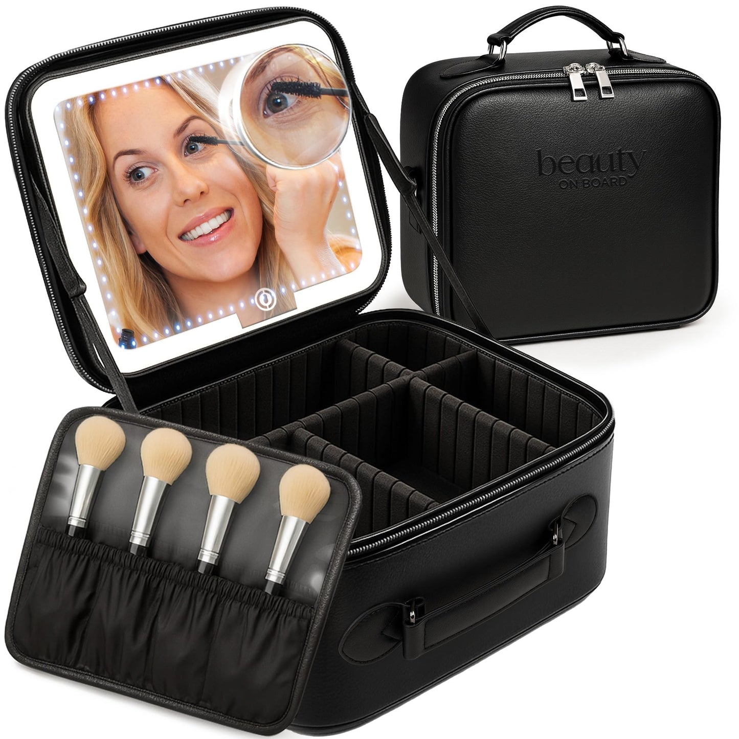 BeautyOnBoard - Bolsa de maquillaje con espejo LED, funda de maquillaje de piel sintética, 3 niveles de brillo ajustables, estuche cosmético iluminado con espejo, divisores, organizador de viaje
