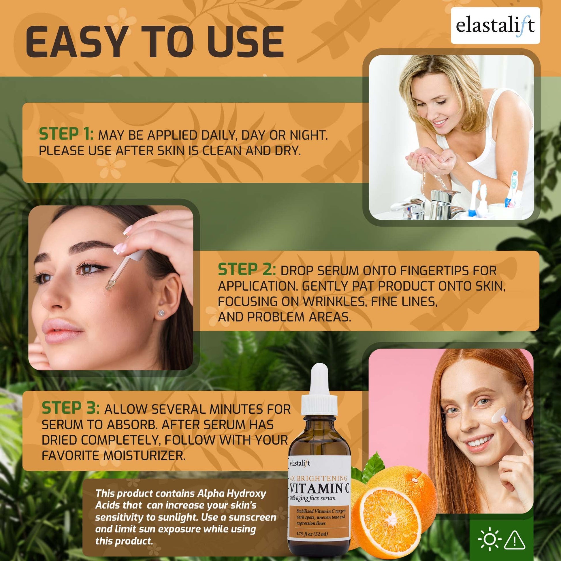 Bonus size 1.75 fl oz Elastalift Vitamin C Serum for Age Spots, Wrinkles, Expression Lines. Anti-Aging Serum w/Vitamin C & Hyaluronic Acid brightens skin & helps promote a healthier skin complexion