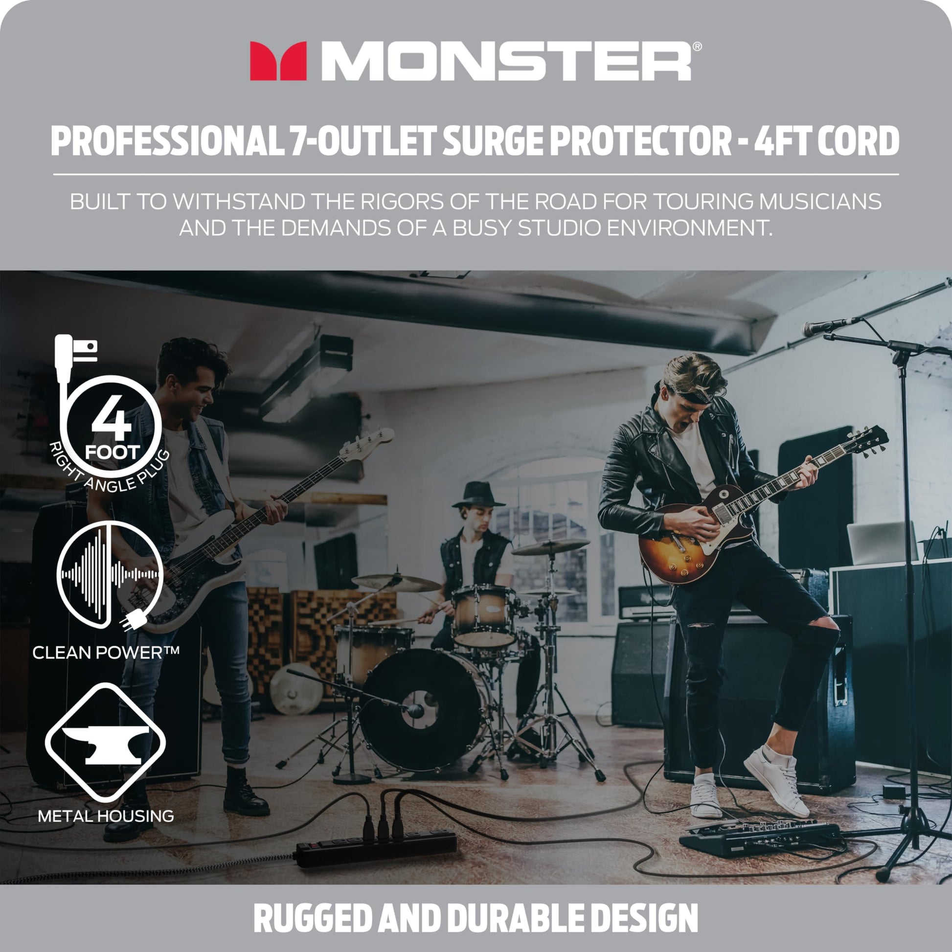 Tira de Alimentación Monster Pro MI Negra con Protección contra Sobretensiones Ignífuga para Equipo de Audio Profesional