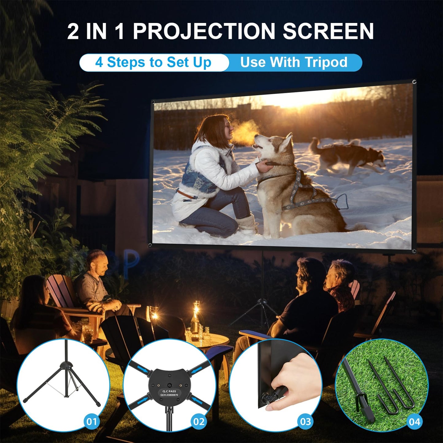 Pantalla de Proyector y Soporte, 120 Pulgadas 16:9, Pantalla de Proyector Portátil, Pantalla de Proyección 4K HD, Ligera y Compacta, Ideal para Cine en Casa, Películas de Interior/Exterior.