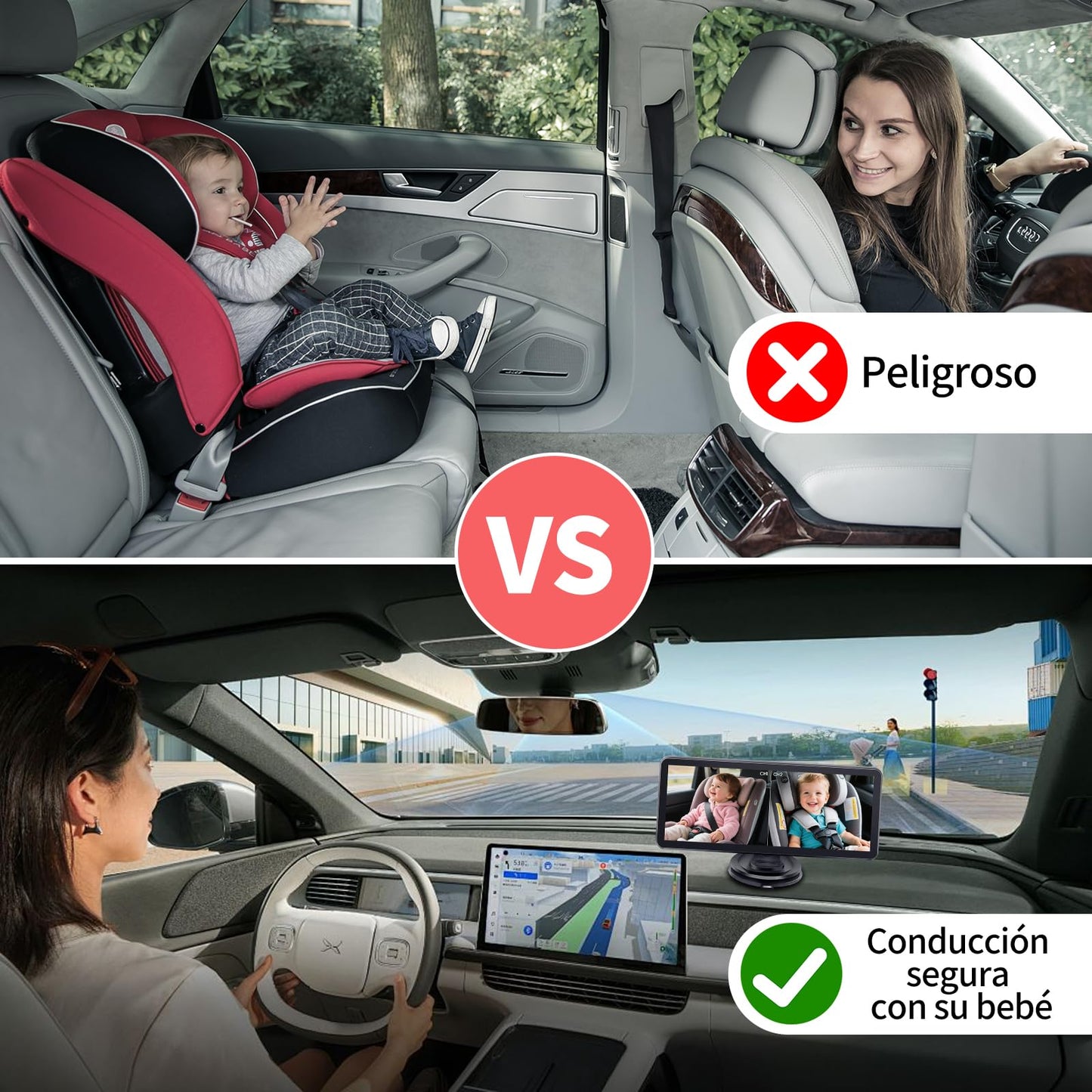 Muja Cámara Coche Bebé Asiento Trasero, Pantalla HD de 7 Pulgadas 1080p, El Coche con 2 Cámaras Giratorias de 360°, Lente Gran Angular de 150°, Visión Nocturna, Garantizar la Seguridad del Bebé