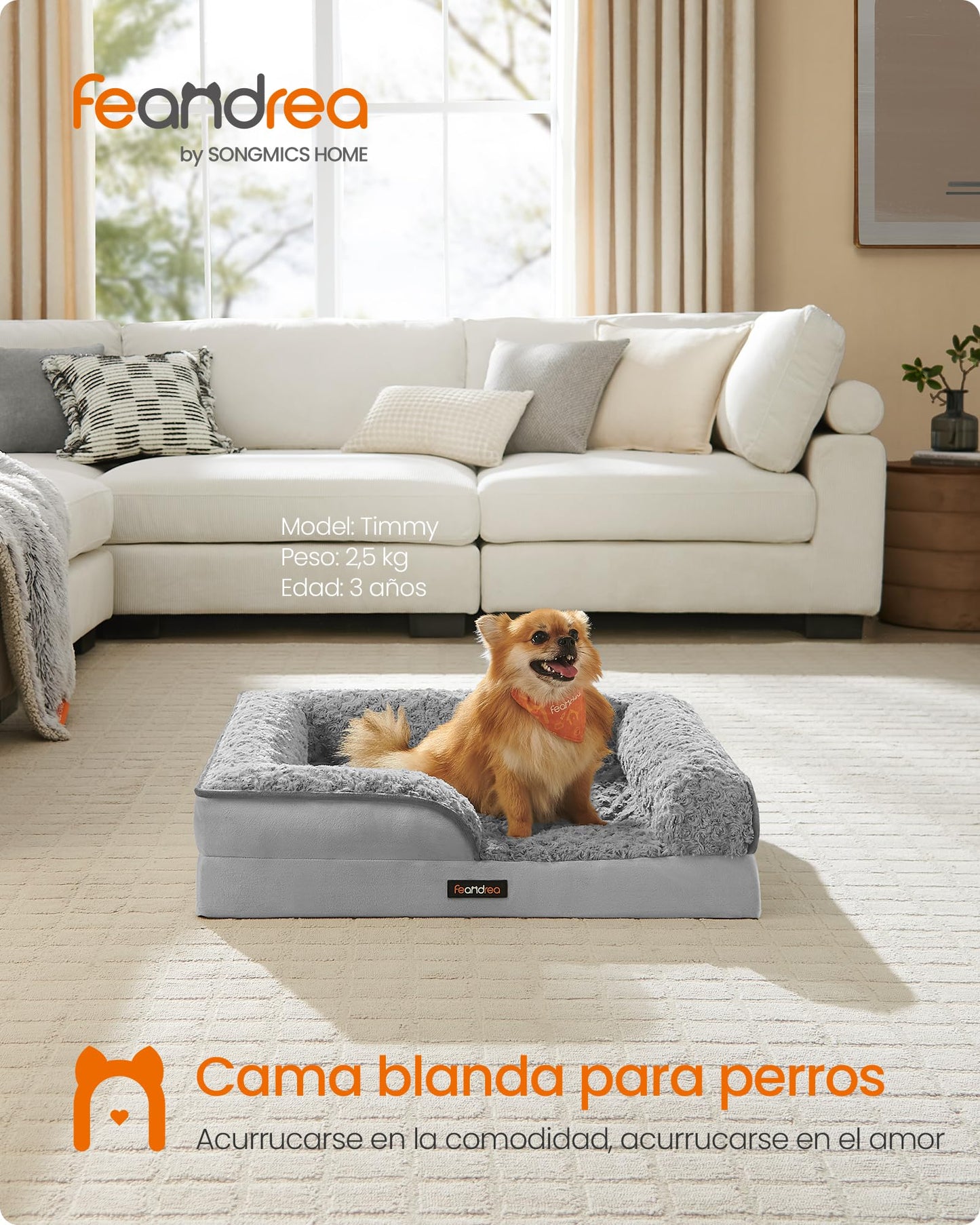 Feandrea Cama para Perros, Cama para Mascotas, 71 x 58 x 16 cm, Ortopédica con Espuma Corrugada, Funda Extraíble con Motivo Rosa de Peluche, Bordes Elevados Acolchados, Gris Paloma MPGW251G01