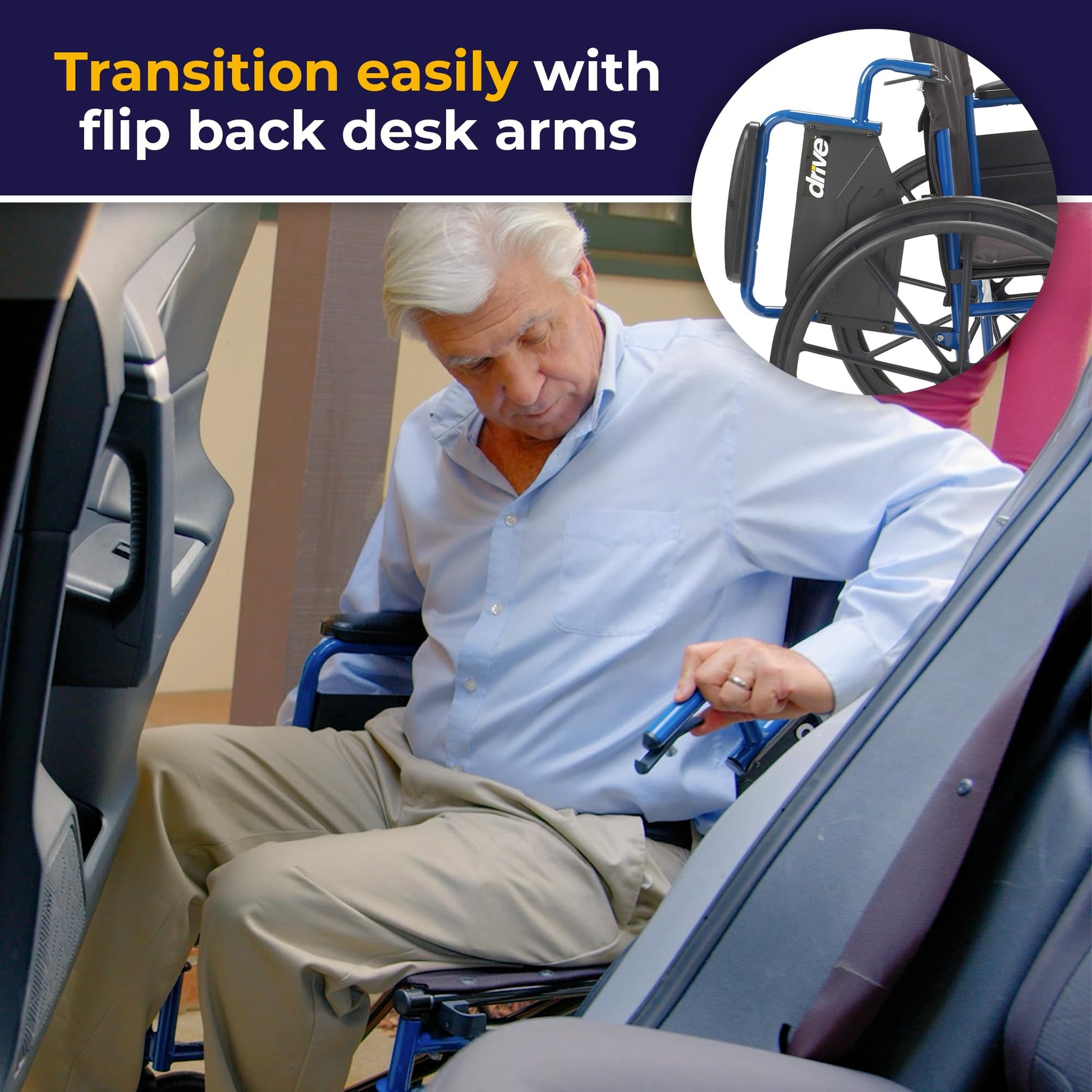 Silla de Ruedas Drive Medical Azul con Brazos de Escritorio Desmontables y Reposapiés Abatible