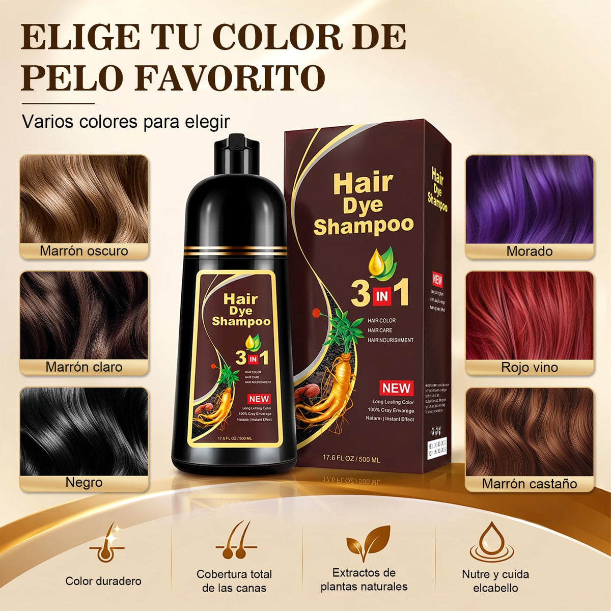Champú Instant Hair Color para Cabello,hair dye shampoo,Champú Tinte Instantáneo 3 En 1 Fórmula Suave Que contiene Ingredientes Naturales,shampoo tinte, Adecuado Para HombresY mujeres (Marrón claro)