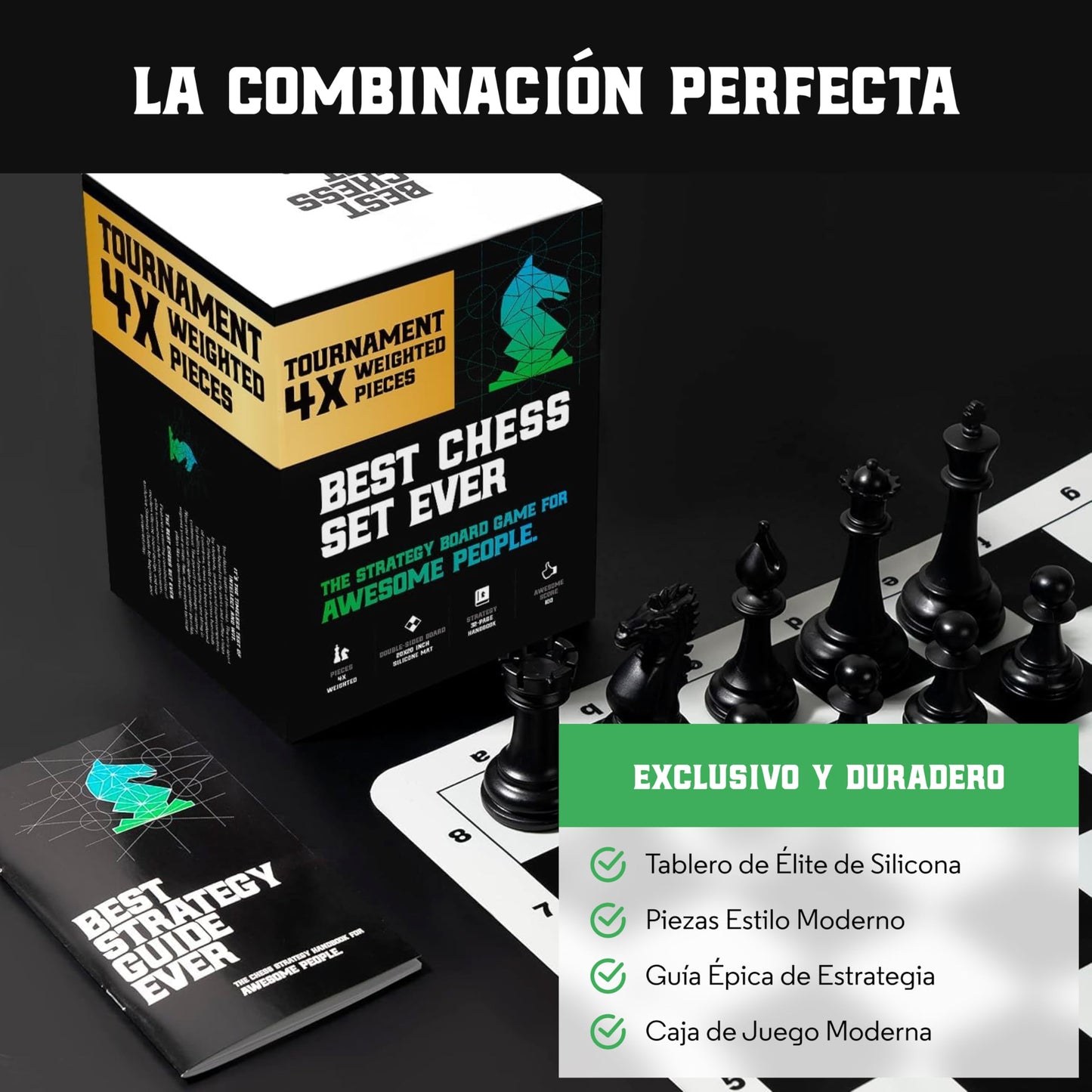 Best Chess Set Ever 4X Juego de Ajedrez Profesional Cuádruple Peso (Rey de 11,4 cm), Tablero Silicon Reversible 50x50 cm, Piezas Modernas Staunton Ponderadas, Ajedrez de Torneo para Adultos y Niños