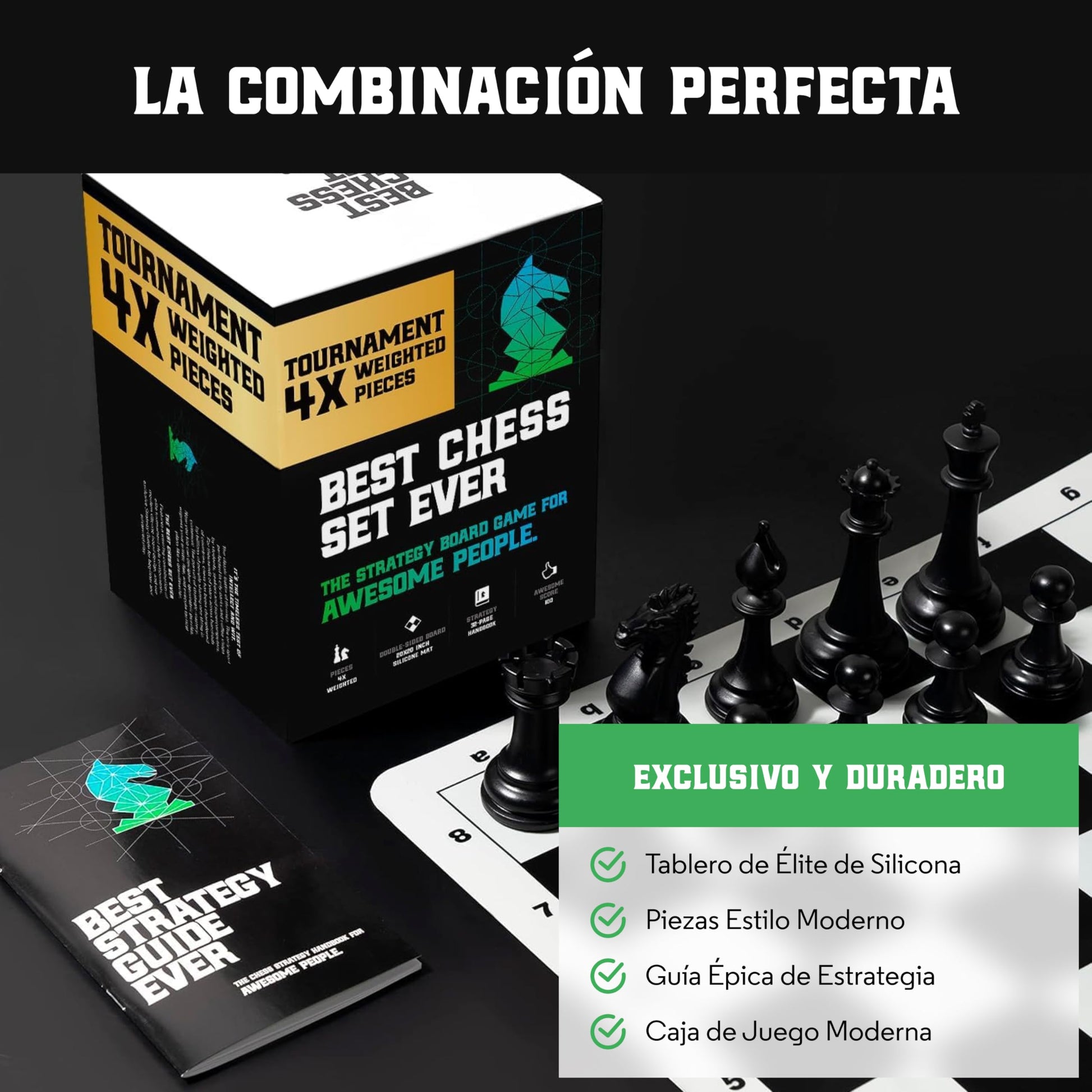 Best Chess Set Ever 4X Juego de Ajedrez Profesional Cuádruple Peso (Rey de 11,4 cm), Tablero Silicon Reversible 50x50 cm, Piezas Modernas Staunton Ponderadas, Ajedrez de Torneo para Adultos y Niños