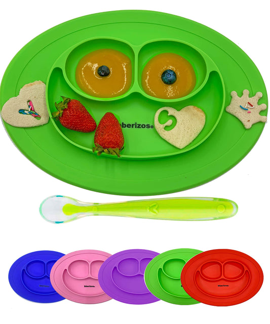 Bberizos| Plato y Cuchara de Silicona Grado Alimenticio para Niño Niña con Divisiones para Alimentos Snacks Papillas Libre de BPA PVC (Verde)