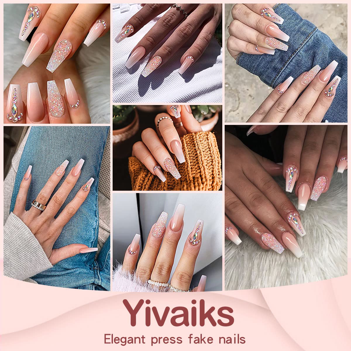 Yivaiks 24 uñas postizas personalizadas a mano, con diseño de bailarina y diamantes de imitación, accesorio perfecto para banquetes, veladas y fiestas (GD-004)