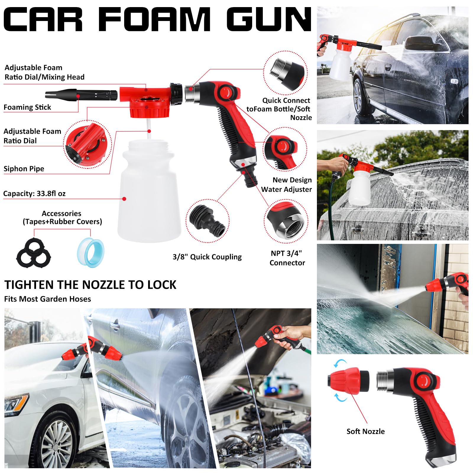 AUTODECO - Juego de limpieza para el lavado de coches con pulverizador de espuma, trapeador con mango largo, cubeta plegable, manopla grande, toallas, 44 piezas, negro