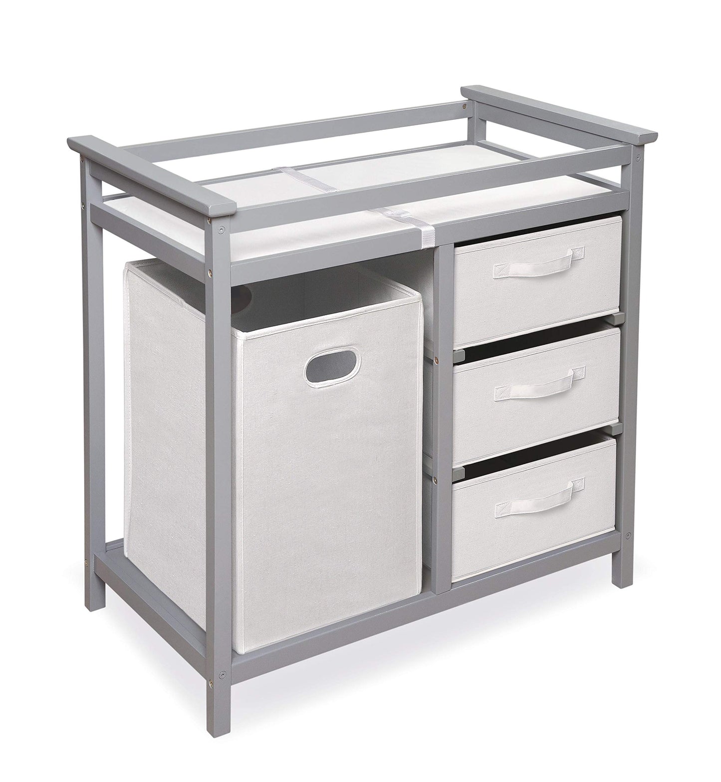 Badger Basket - Cambiador moderno para bebé, muebles de guardería con cesta de lavandería y 3 cajones de almacenamiento, estación cambiadora de pañales con cinturón de seguridad, cambiador, cestas