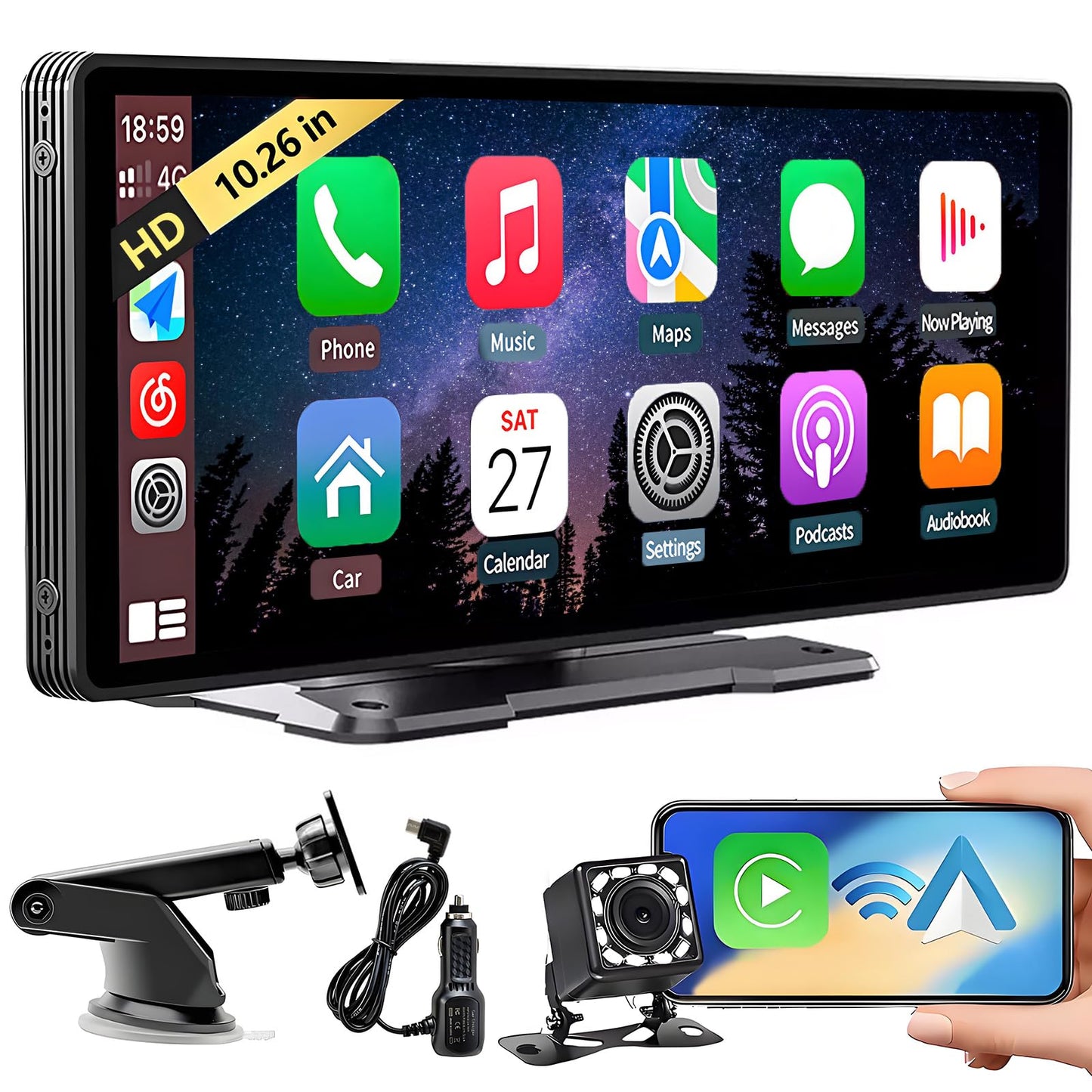 Autoestereos para Carro 10.26", Estéreo Inalámbrico para Coche, Pantalla para Auto, Compatible con CarPlay y Android Auto, Mirror Link, Cámara de Retroceso‌, GPS, FM, BT, WiFi
