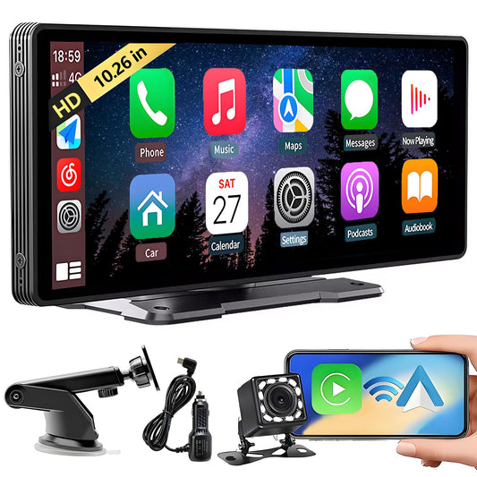 Autoestereos para Carro 10.26", Estéreo Inalámbrico para Coche, Pantalla para Auto, Compatible con CarPlay y Android Auto, Mirror Link, Cámara de Retroceso‌, GPS, FM, BT, WiFi