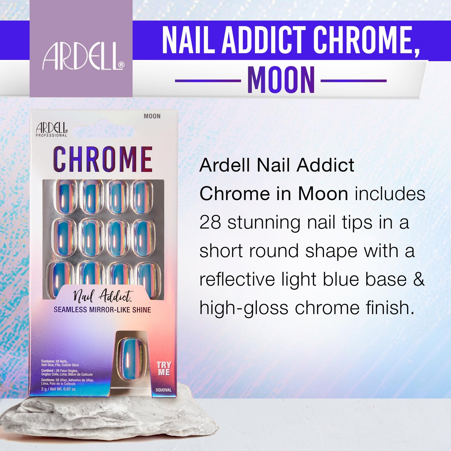 Ardell Uñas Postizas Nail Addict Cromadas, Forma de Luna, Cortas Y Redondas, Kit de Uñas, 1 Unidad