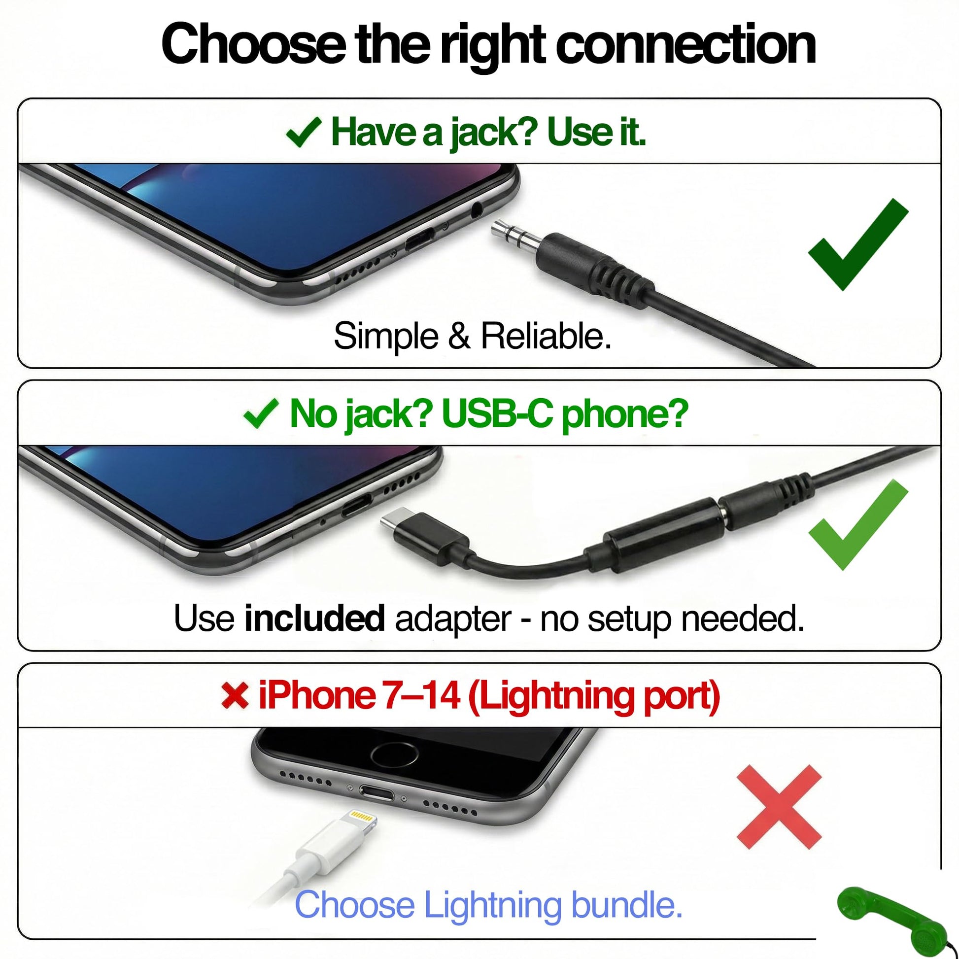Opis Technology - Teléfono micro retro de los años 60 para teléfonos inteligentes, receptor con cable con enchufe de 3,5 mm y adaptador USB-C, para Android, tabletas y computadoras (verde)