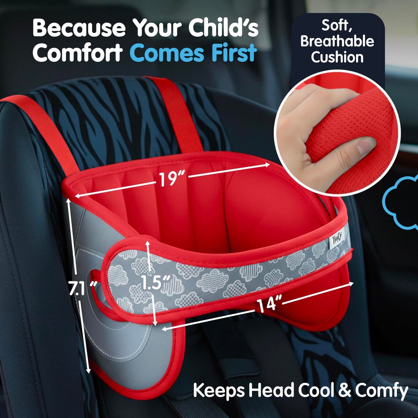 NAPUP Soporte para cabeza de niño para asientos de coche – Solución segura y cómoda de apoyo de almohada para cabeza y cuello para asientos delanteros de coche y refuerzos de respaldo alto – Accesorios de viaje para bebés y niños (roja)