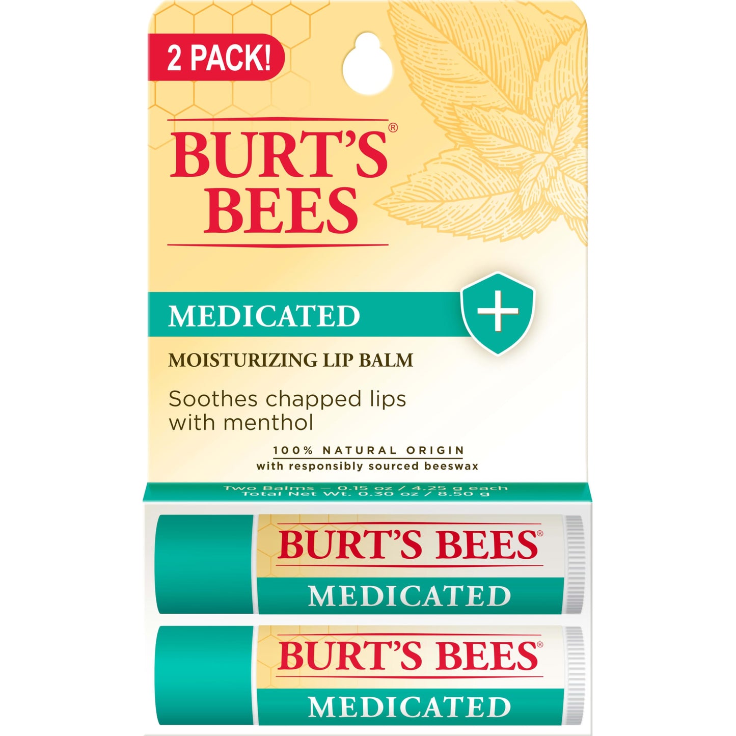 Burt's Bees 100% Natural Medicated Moisturizing Lip Balm with Menthol & Eucalyptus - 2 Tubes