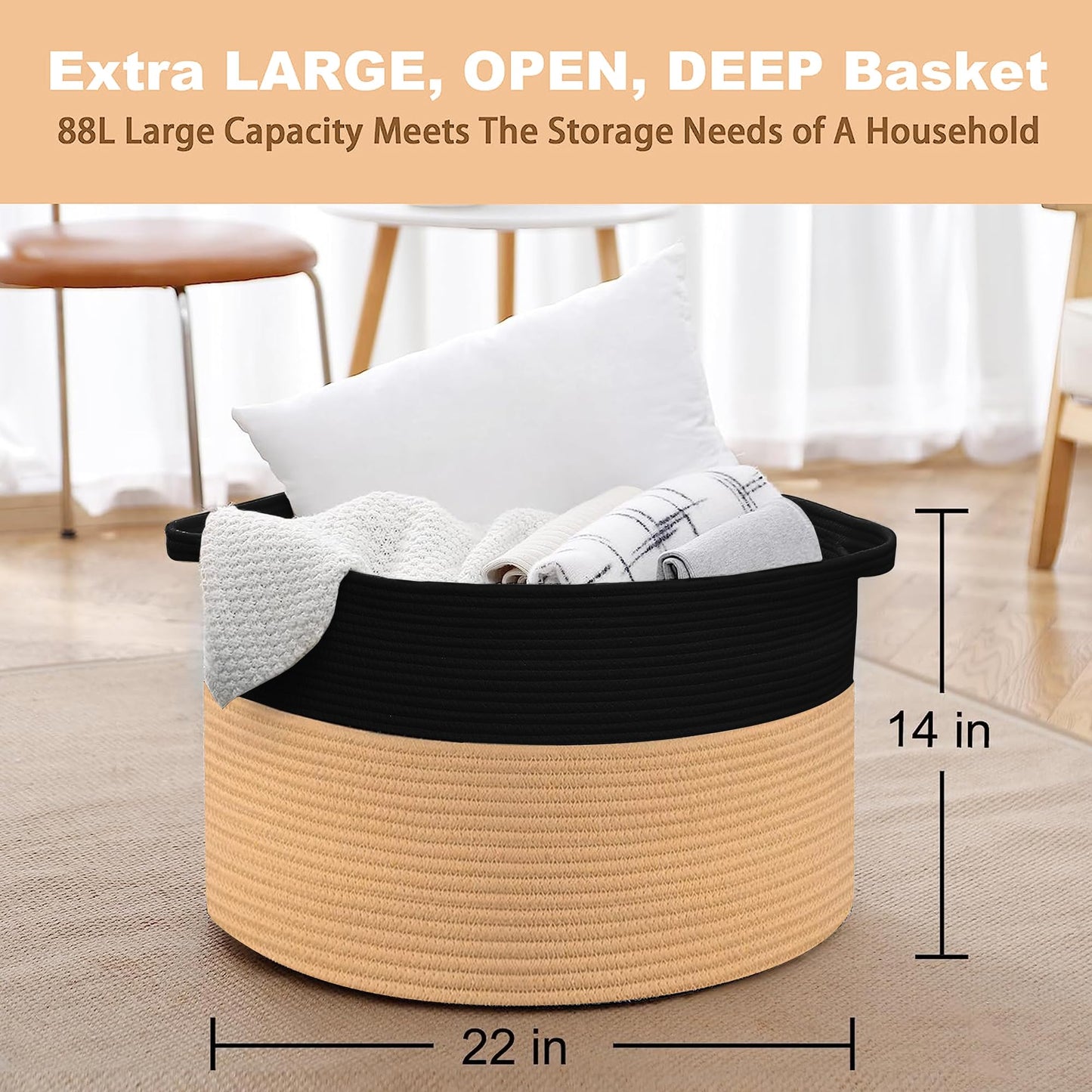 MEGASKET Cesta de Almacenamiento Extra Grande, 55.9 cm X 35.6 cm Cesta de Almacenamiento para Mantas para Sala de Estar, Caja de Juguete Decorativa para Niños y Perros, Grandes Cestas Tejidas de