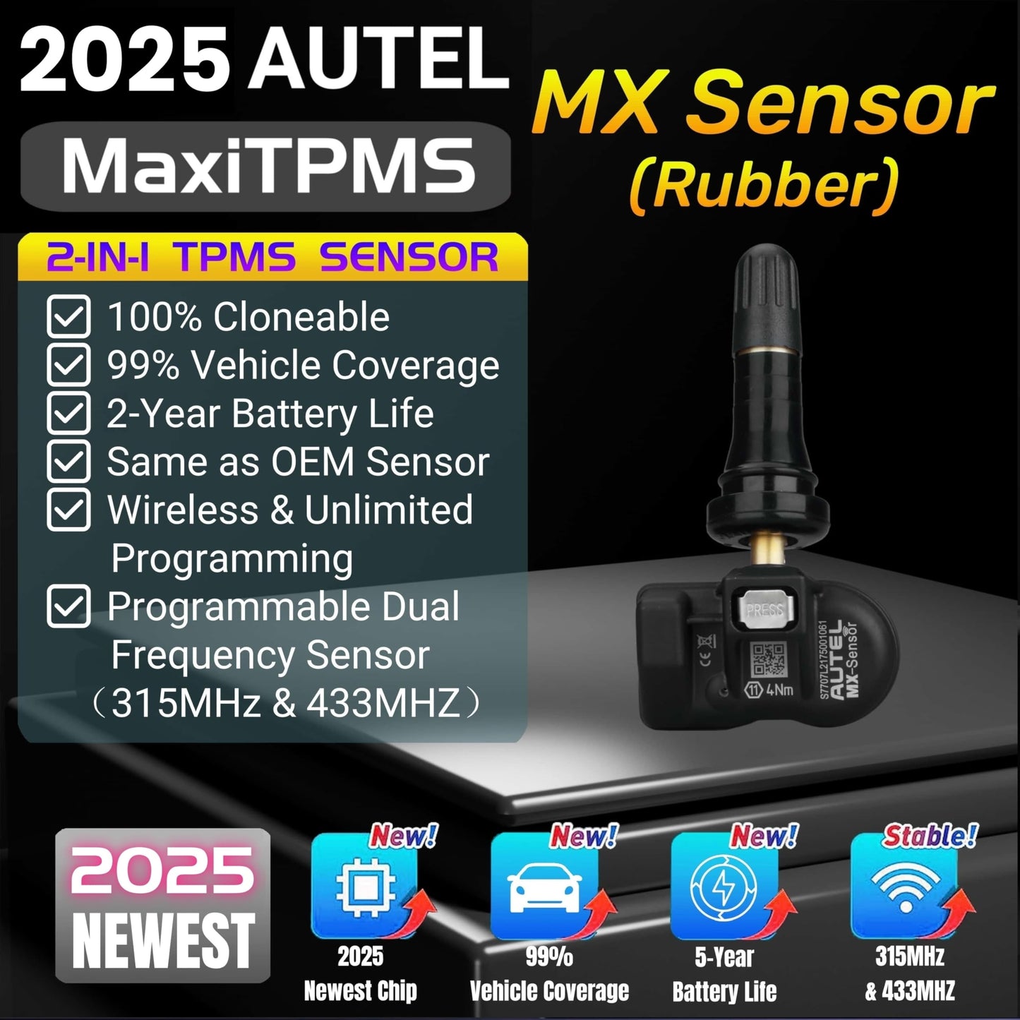 Autel MaxiTPMS MX - Sensor 4 unidades de tallo de goma 315/433MHz TPMS Sensor universal de neumáticos programado por TPMS Tool TS401 TS408 TS501 TS508 TS601 TS608 MK808TS MX808TS MS906TS ITS600