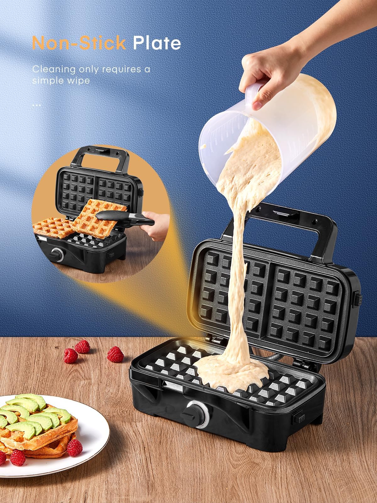 HOUSNAT Sandwichera, waflera 3 en 1 con platos extraíbles, prensa Panini de 1200 W con placas antiadherentes intercambiables, luces indicadoras, control de temperatura de 5 engranajes (negro)