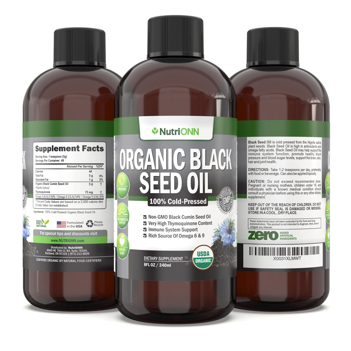 NutriONN Aceite De Semilla Negra Orgánico - Aceite De Semilla De Comino Negro Líquido Orgánico Certificado Por La Usda - Alto Contenido De Timoquinona - Sin Ogm Y Prensado En Frío - Rica Fuente De Áci