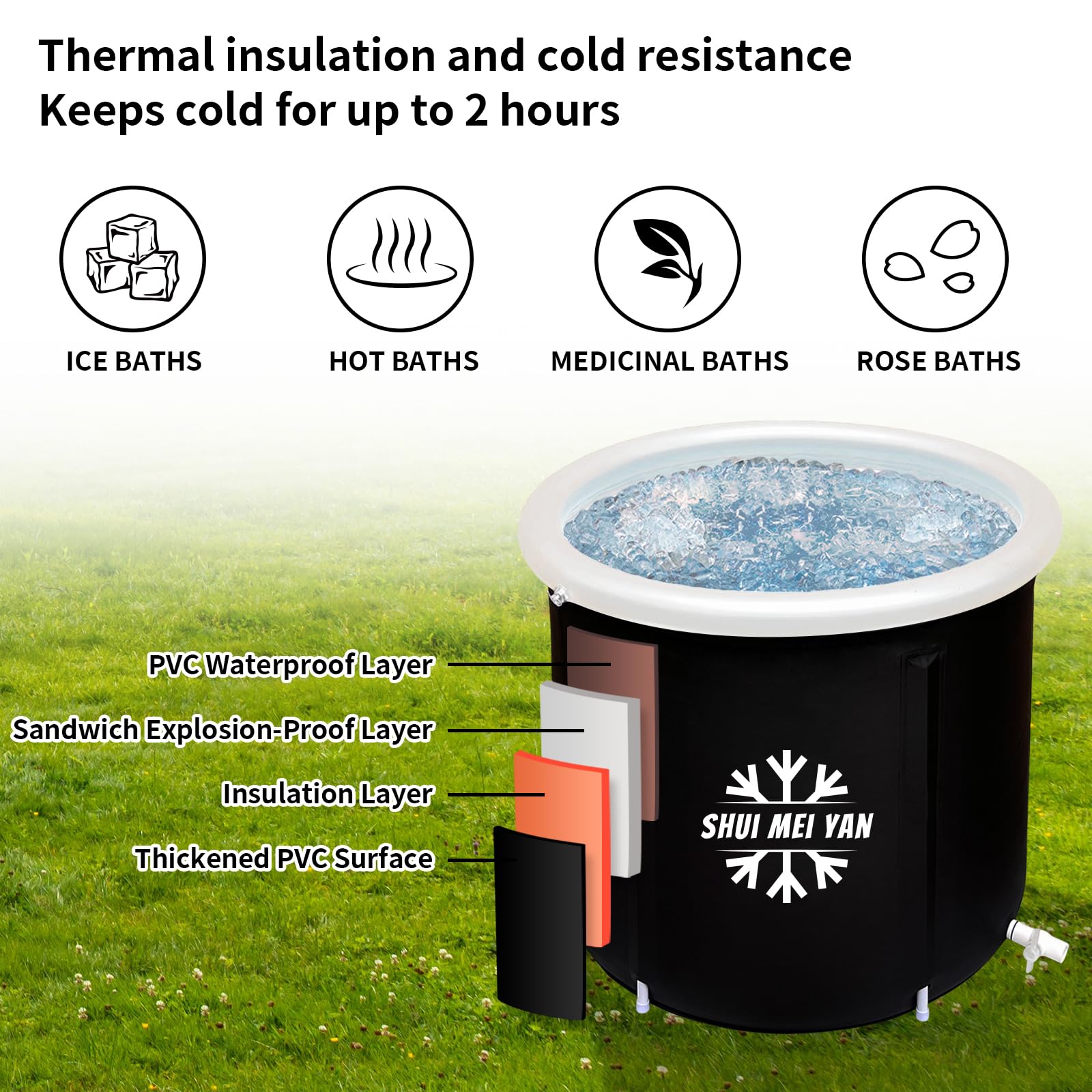 Tina Portátil Bañera Plegable Negra Tamaño Grande para Adultos