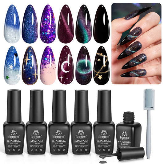 Beetles Milky Way - Juego de esmaltes de uñas de gel con purpurina, 6 unidades, color negro, morado, azul, galaxia, lámpara UV, ojos de gato, imán que cambia de color, gel camaleón fantasma brillante, regalo para mujeres y niñas