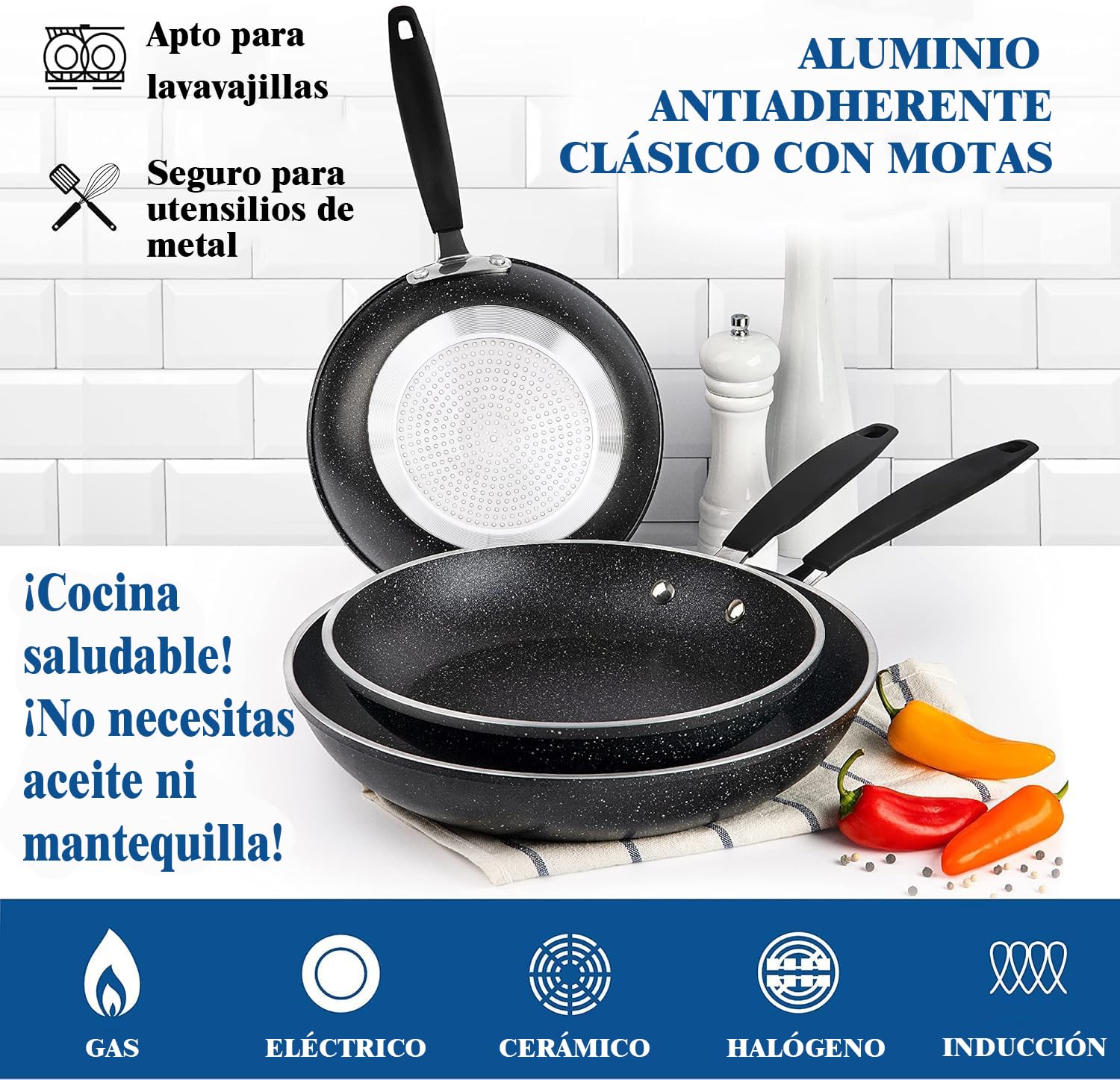 Lumewave Juego de Sartenes para Huevos, 6", 8" y 10", Set de 3 Sartenes Antiadherentes para Crepas, Tortillas, Omelets, Pancakes, Compatible con Estufas de Gas e Inducción