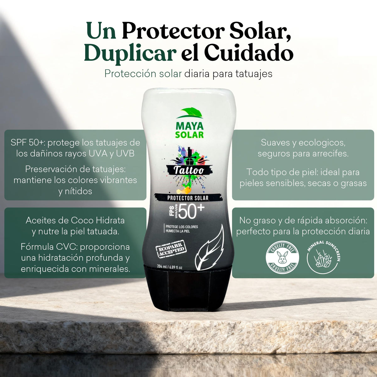 Maya Solar Bloqueador para Tattoos FPS 50+ | Triple Acción Especializada | Hidratación Intensiva | Previene Decoloración UV | Ingredientes Naturales y Eco-Amigable