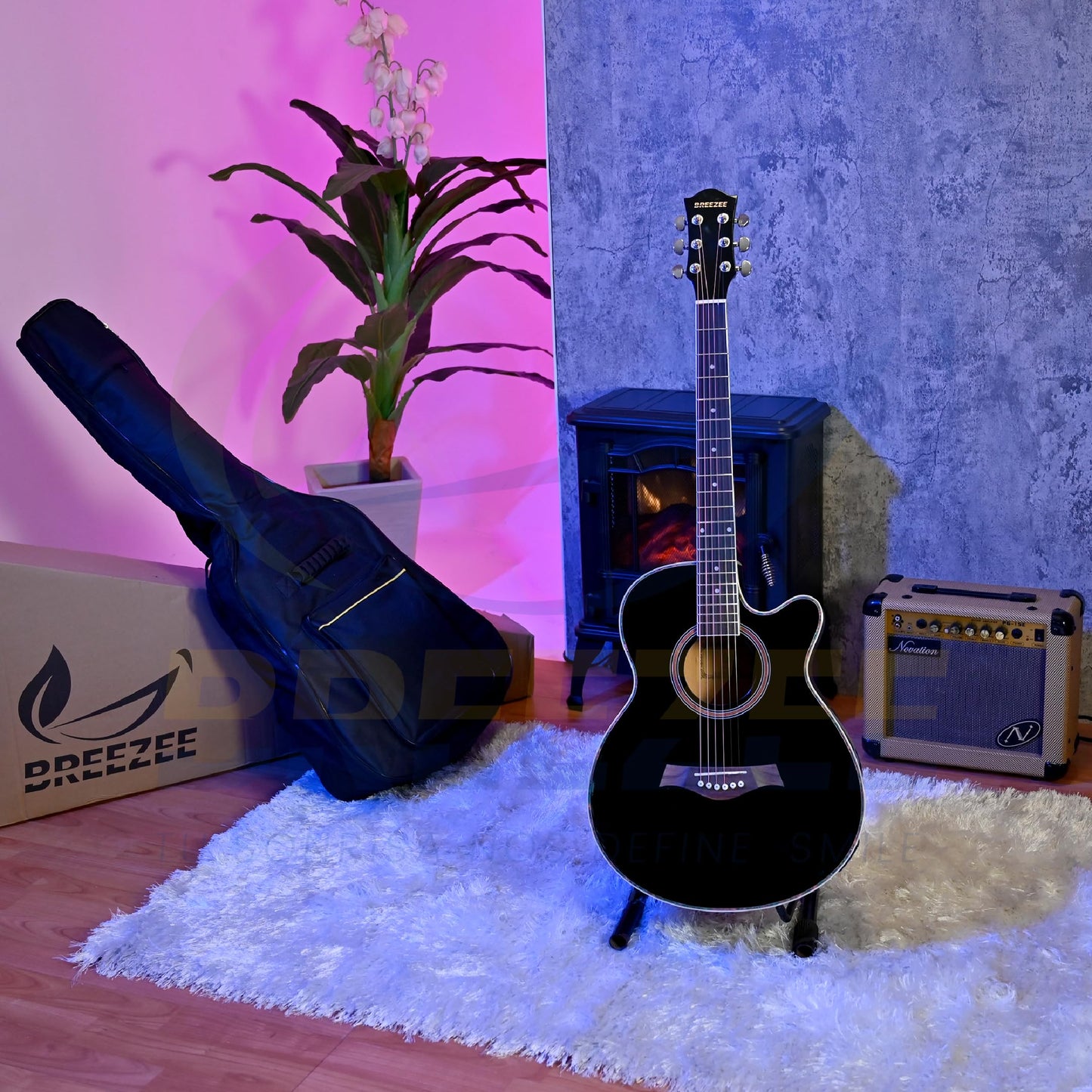 BREEZEE Guitarra Acústica Curva Recortada de 38 Pulgadas Fabricada Sobre Madera de Tilo 18 Trastes, Kit de Accesorios Funda, Capo, Plumillas, Correa, Cuerdas Extra de Metal, Adultos y Niños