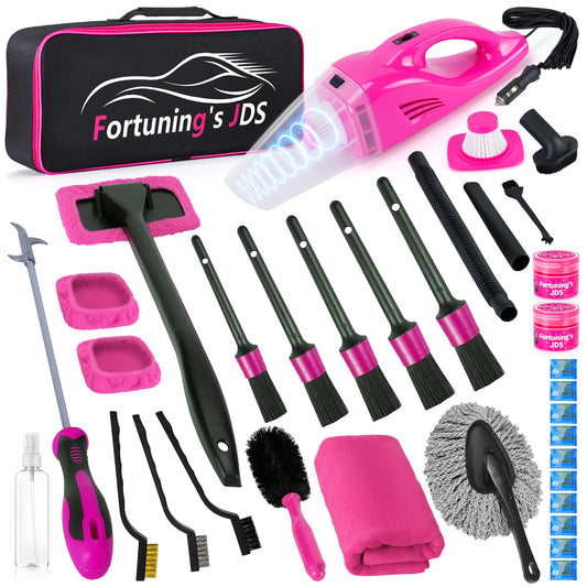 Kit de 35 piezas para limpieza de interiores de coche con aspiradora de mano de alta potencia, kit de lavado con cepillos, accesorios color rosa para motocicletas, regalos para mujeres