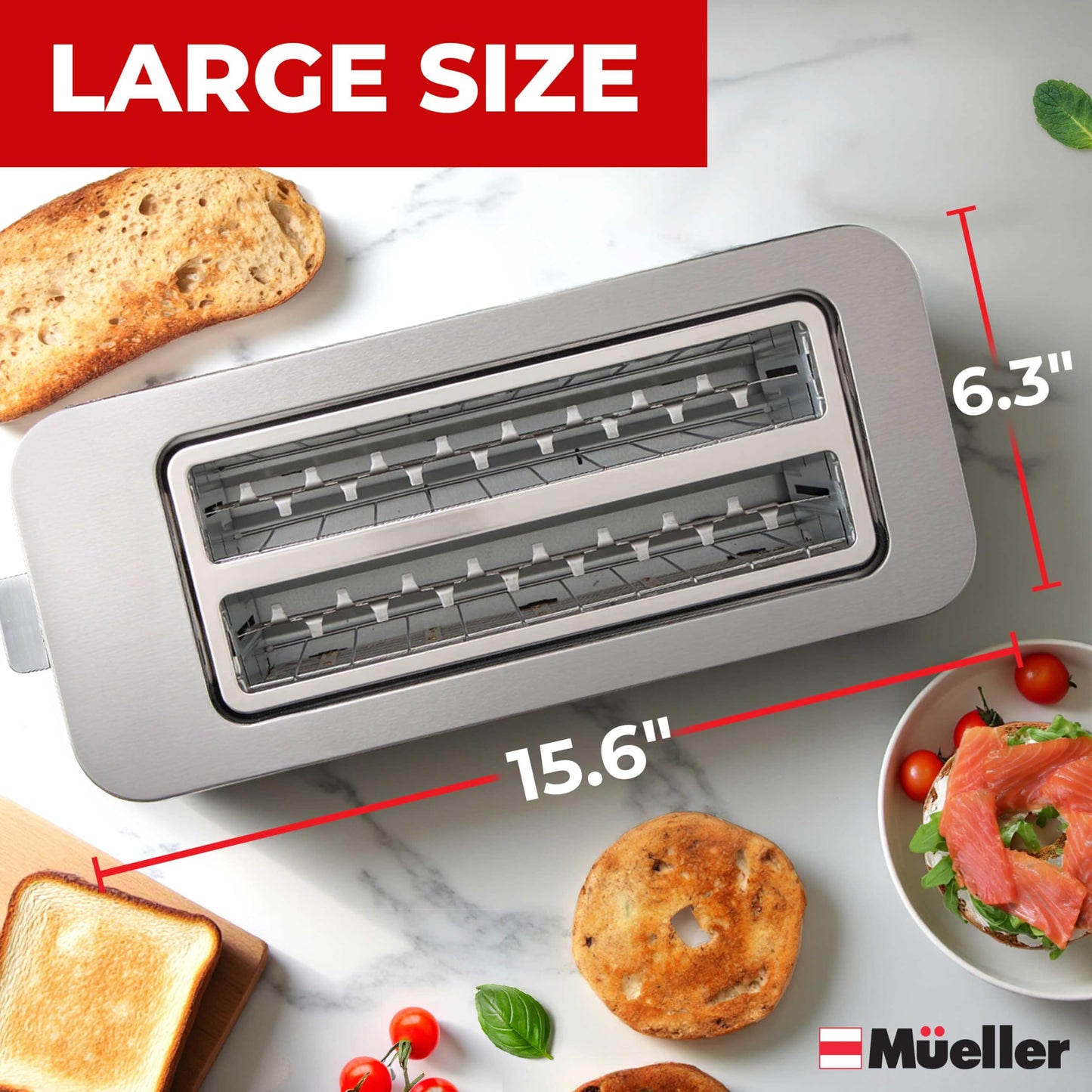 Mueller UltraToast - tostador completa de acero inoxidable, 4 rodajas, ranuras largas extra anchas con bandeja extraíble, funciones de cancelación/descongelación/recalentamiento, 6 niveles de color dorado con visualización LED
