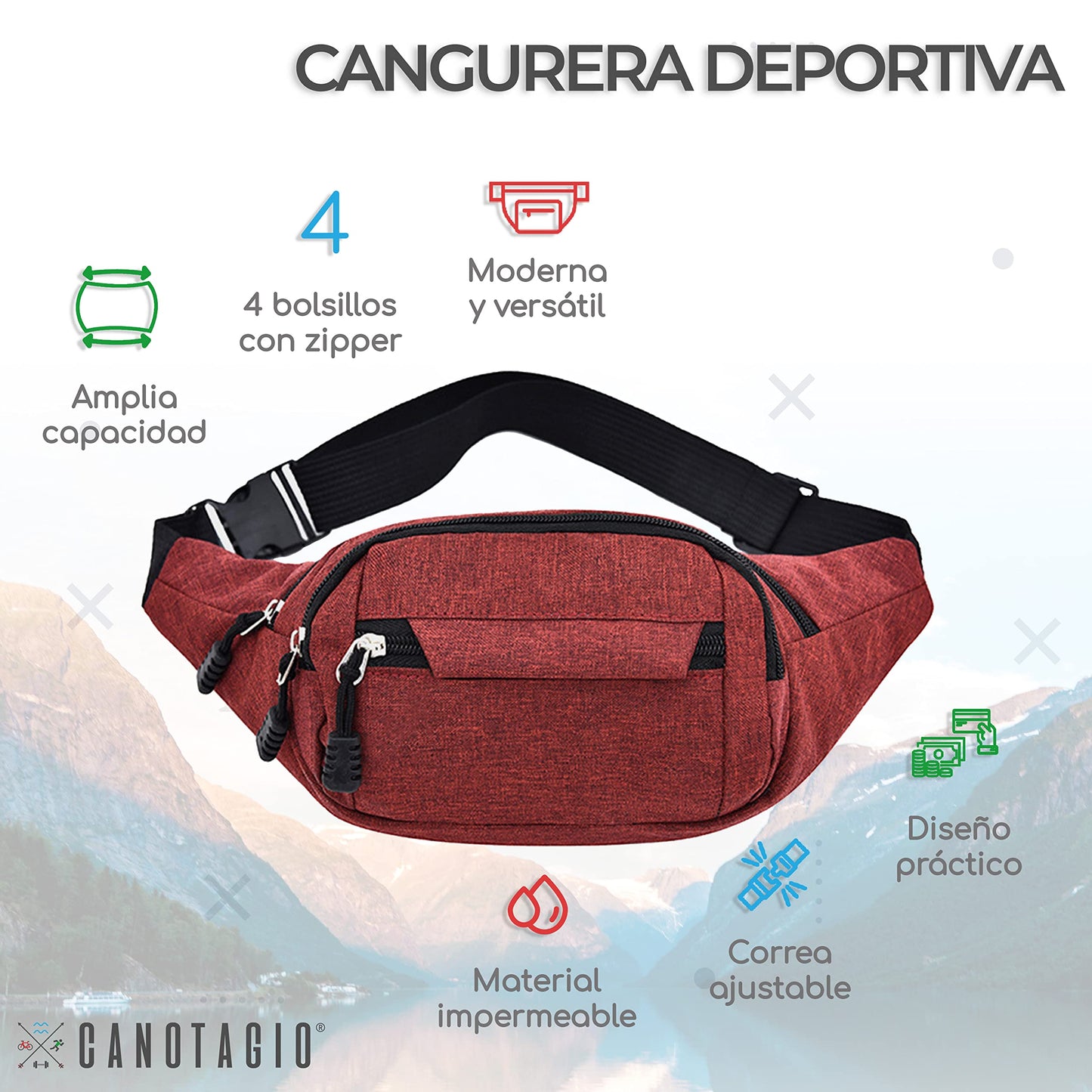 Canotagio Cangurera Deportiva de Viaje con Tela Impermeable de Amplia Capacidad. Para Hombre y Mujer. Excelente Riñonera de Viaje Ajustable. Fanny Pack/Running Belt/Travel Pouch. (Roja)