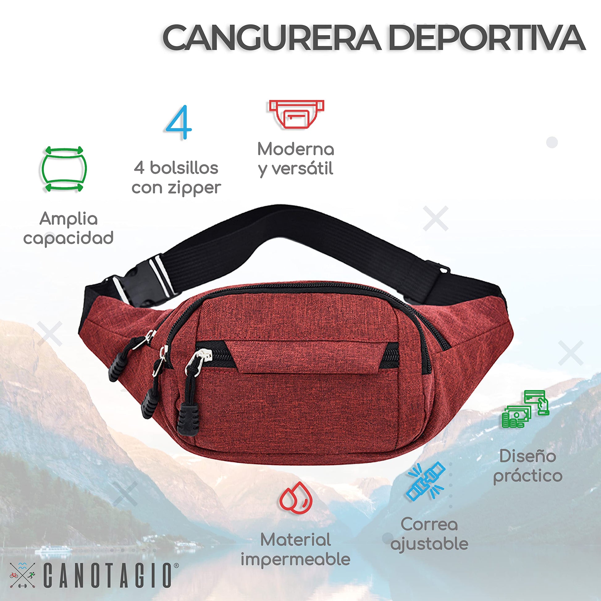 Canotagio Cangurera Deportiva de Viaje con Tela Impermeable de Amplia Capacidad. Para Hombre y Mujer. Excelente Riñonera de Viaje Ajustable. Fanny Pack/Running Belt/Travel Pouch. (Roja)