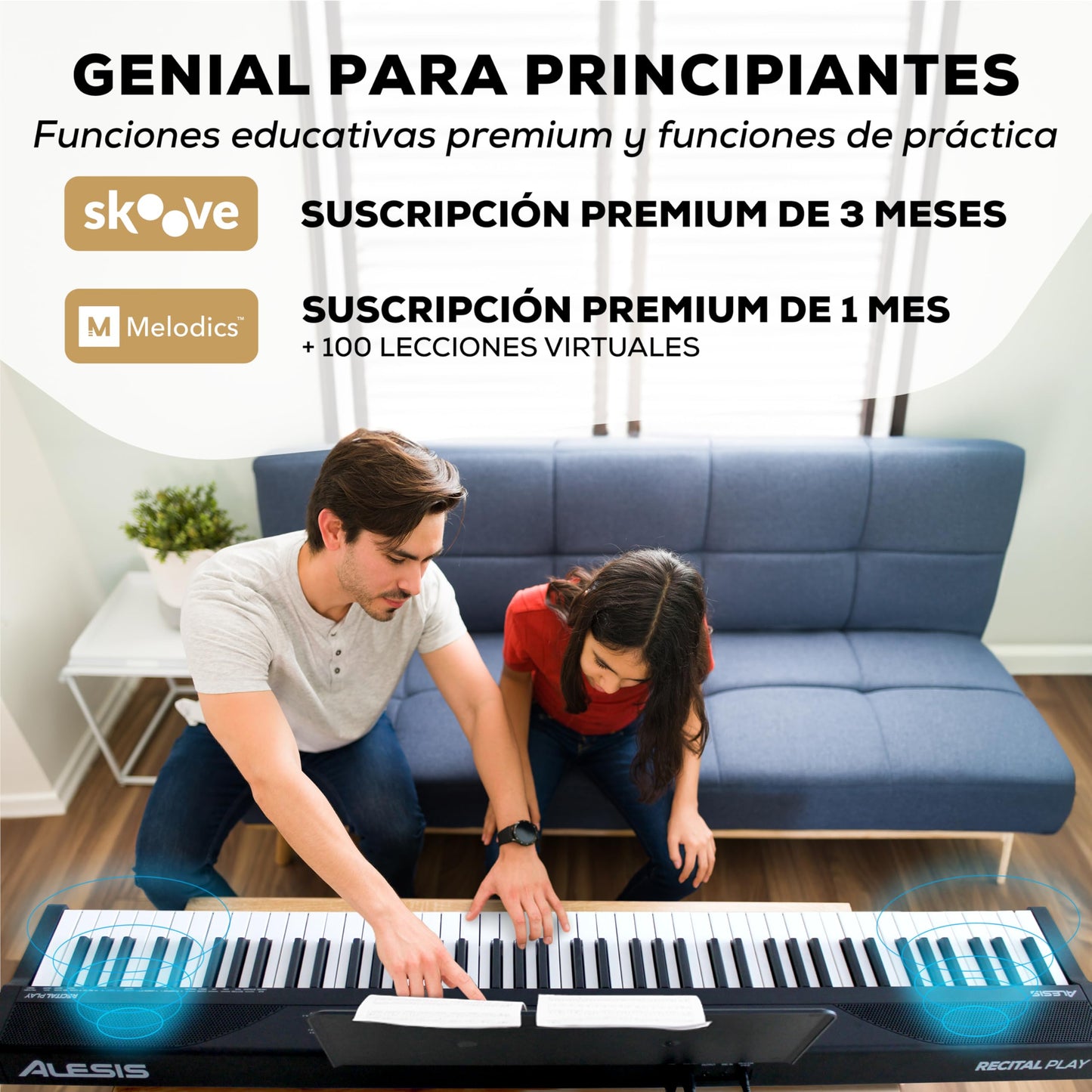 Alesis Teclado piano con 88 teclas y 480 sonidos, altavoces, MIDI USB, atril, adaptador de corriente y lecciones de piano para principiantes