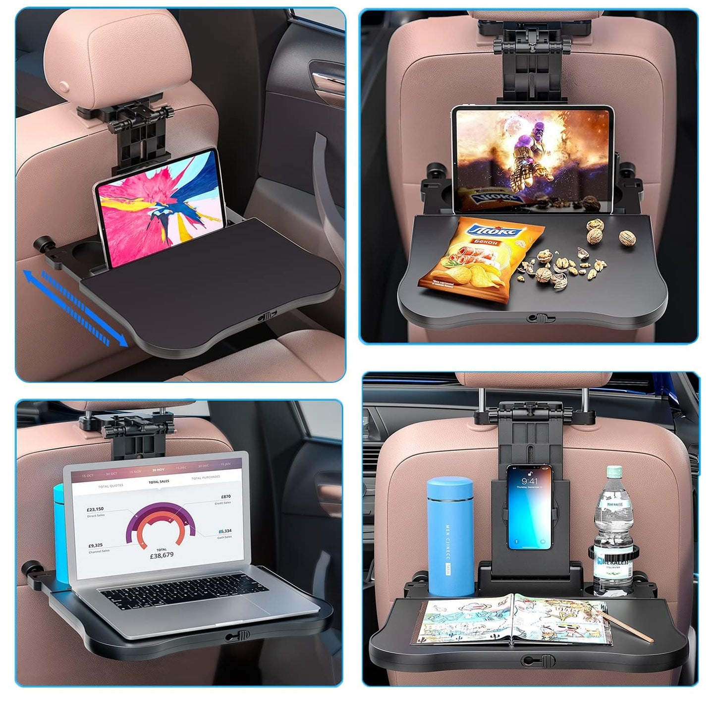 Bandeja para Asiento Trasero del Coche, Bandeja Plegable Estable para Asiento Trasero de Coche, computadora para pasajeros Traseros, Viajes por Carretera, Comida y Trabajo, Bandeja de Viaje Ajustable