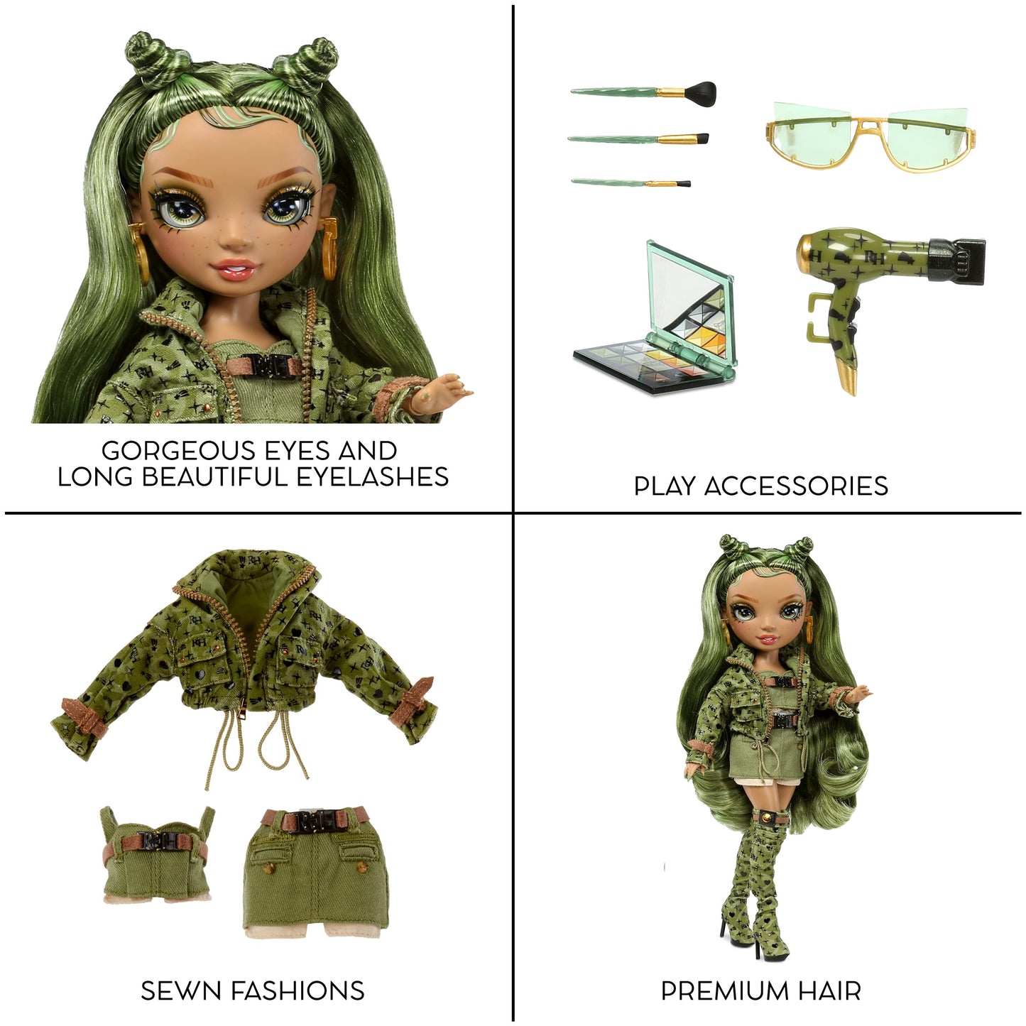 Muñeca Fashion Rainbow High Olivia Woods Verde Camuflaje con Traje de Moda y Más de 10 Accesorios para Coleccionistas y Niños de 4 a 12 Años