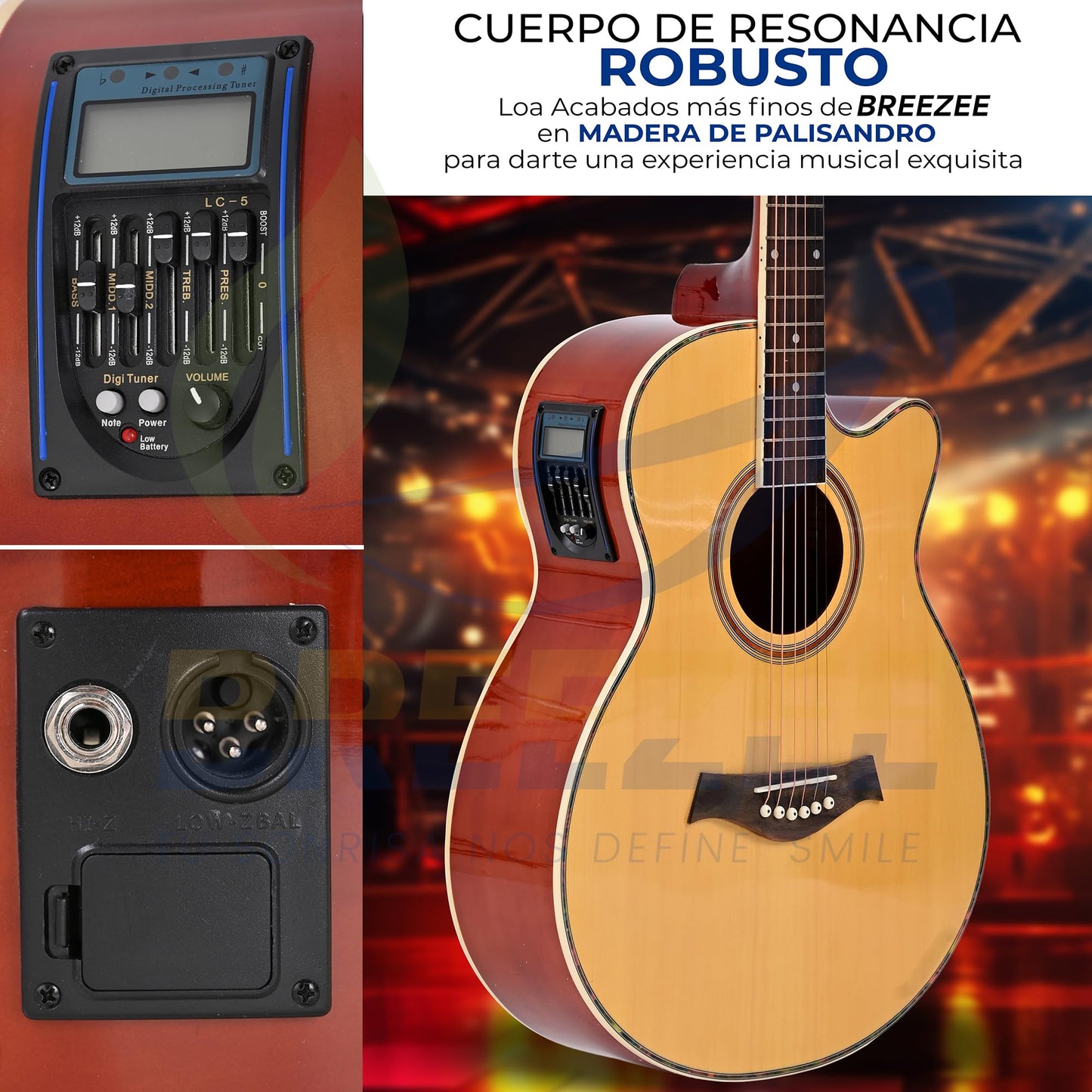 BREEZEE Guitarra Electroacústica de 40” Diseñada sobre Abeto, Merbau, Okume y Palisandro. Acabado de Barniz en Pulverización, Incluye Set de Accesorios Completo para Principiante