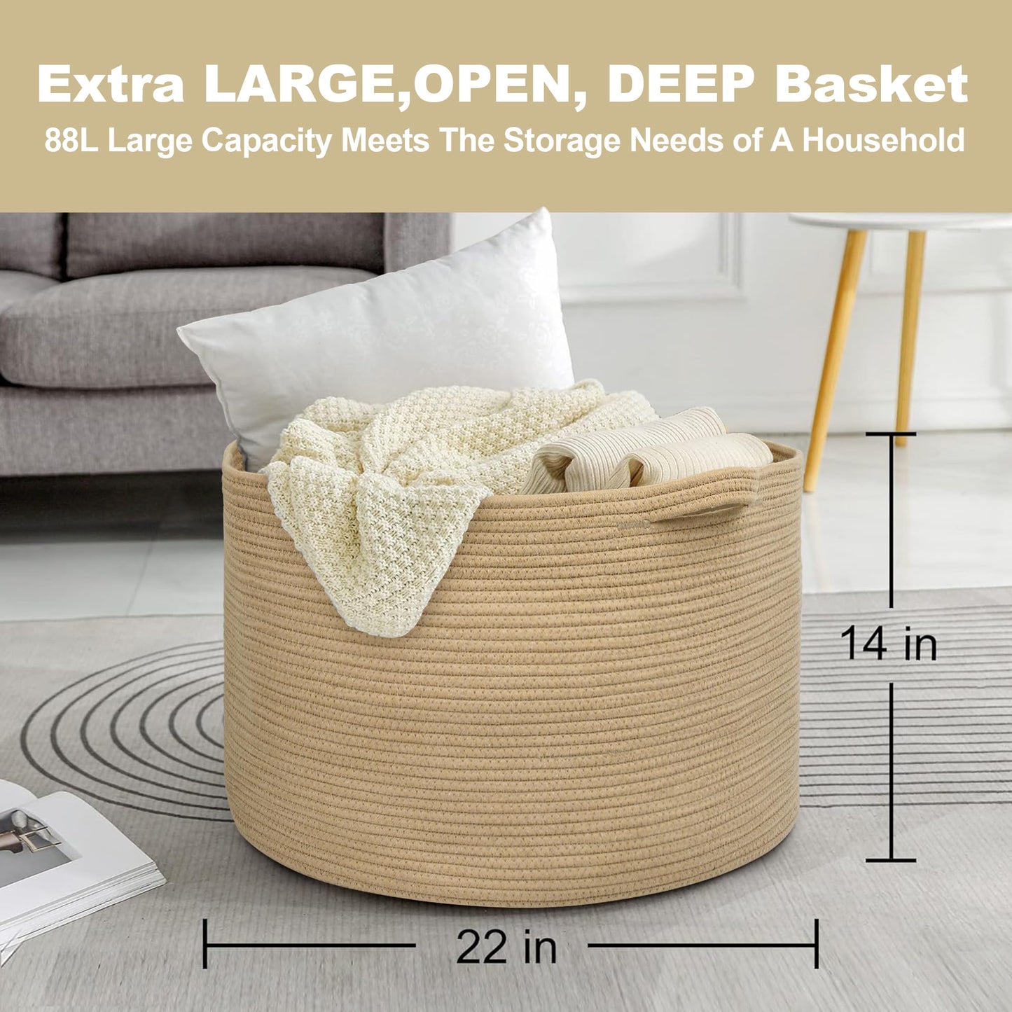 MEGASKET Cesta grande de almacenamiento de yute de 55.88 x 55.88 x 35.56 cm, cesta de almacenamiento de animales de peluche, cesta de cuerda de algodón suave con asa, almacenamiento de mantas, cesta