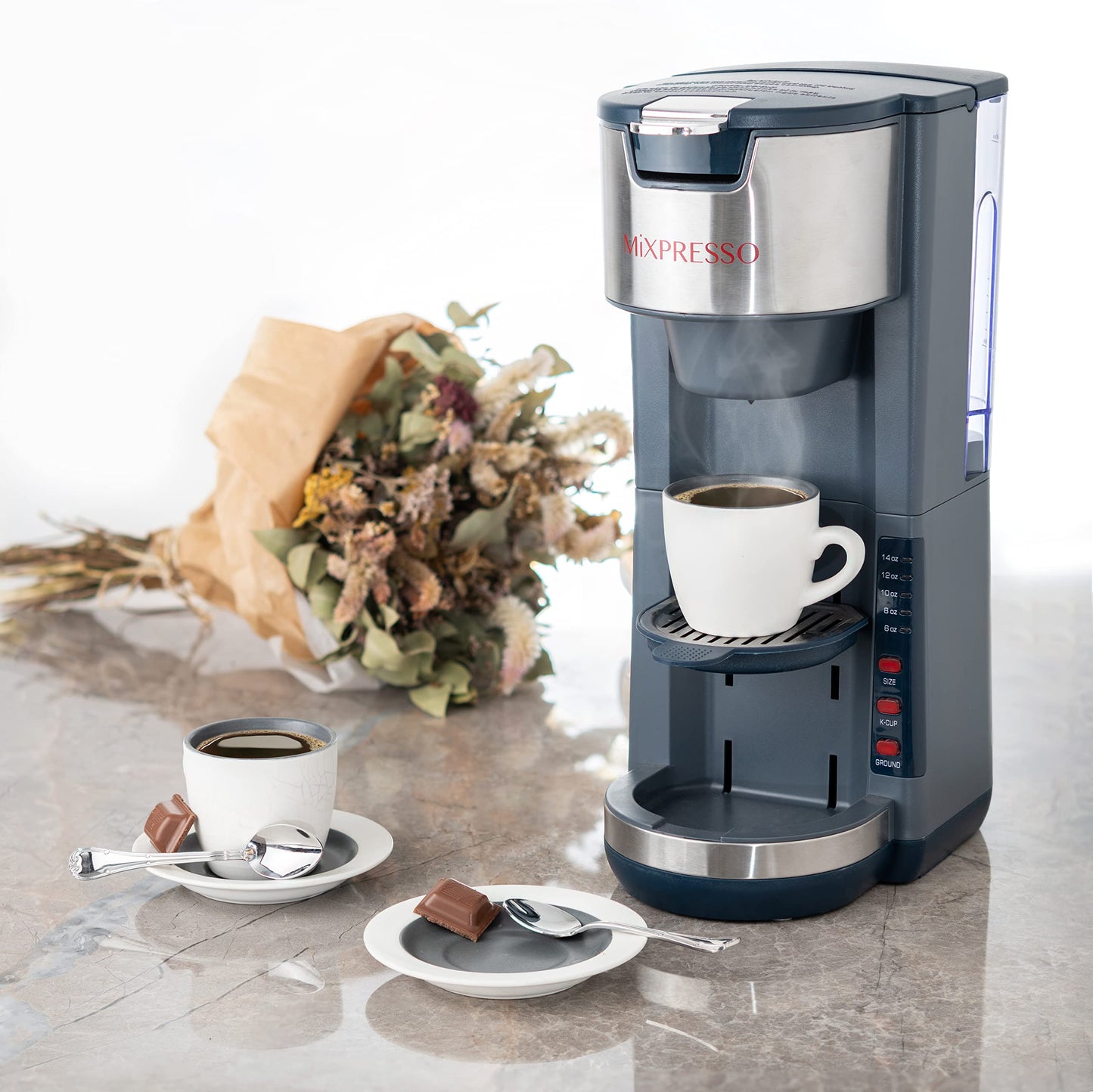Cafetera Mixpresso Gris con Cápsulas K-Cup de Café y Café Molido, Bandeja de Goteo, 5 Tamaños de Cerveza, 30 Onzas, Taza de Viaje de hasta 14 Onzas
