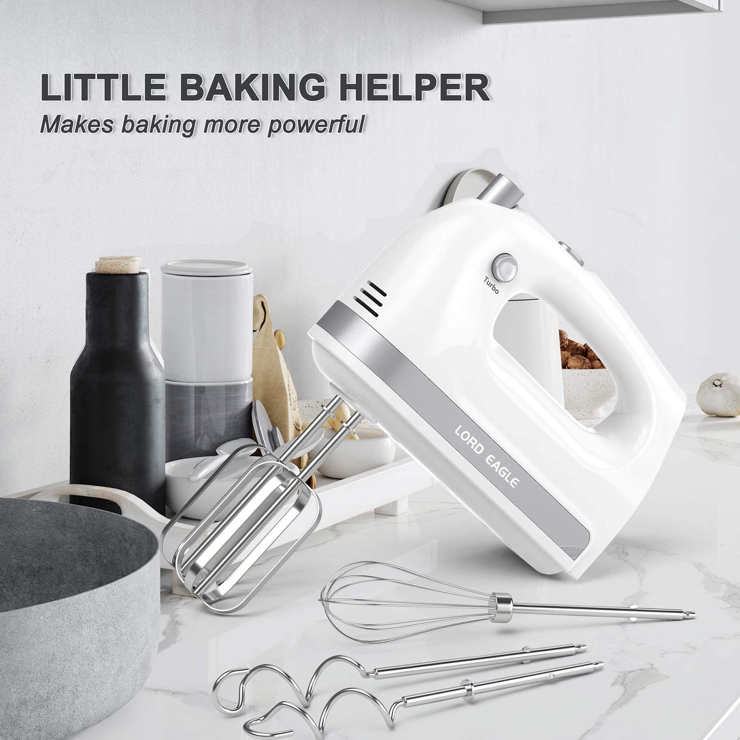 Lord Eagle - Mezclador de mano eléctrico de 400 W, 5 velocidades, 5 accesorios de acero inoxidable para hornear pasteles, crema de huevo, batidor de alimentos, Turbo Boost/velocidad de autocontrol +