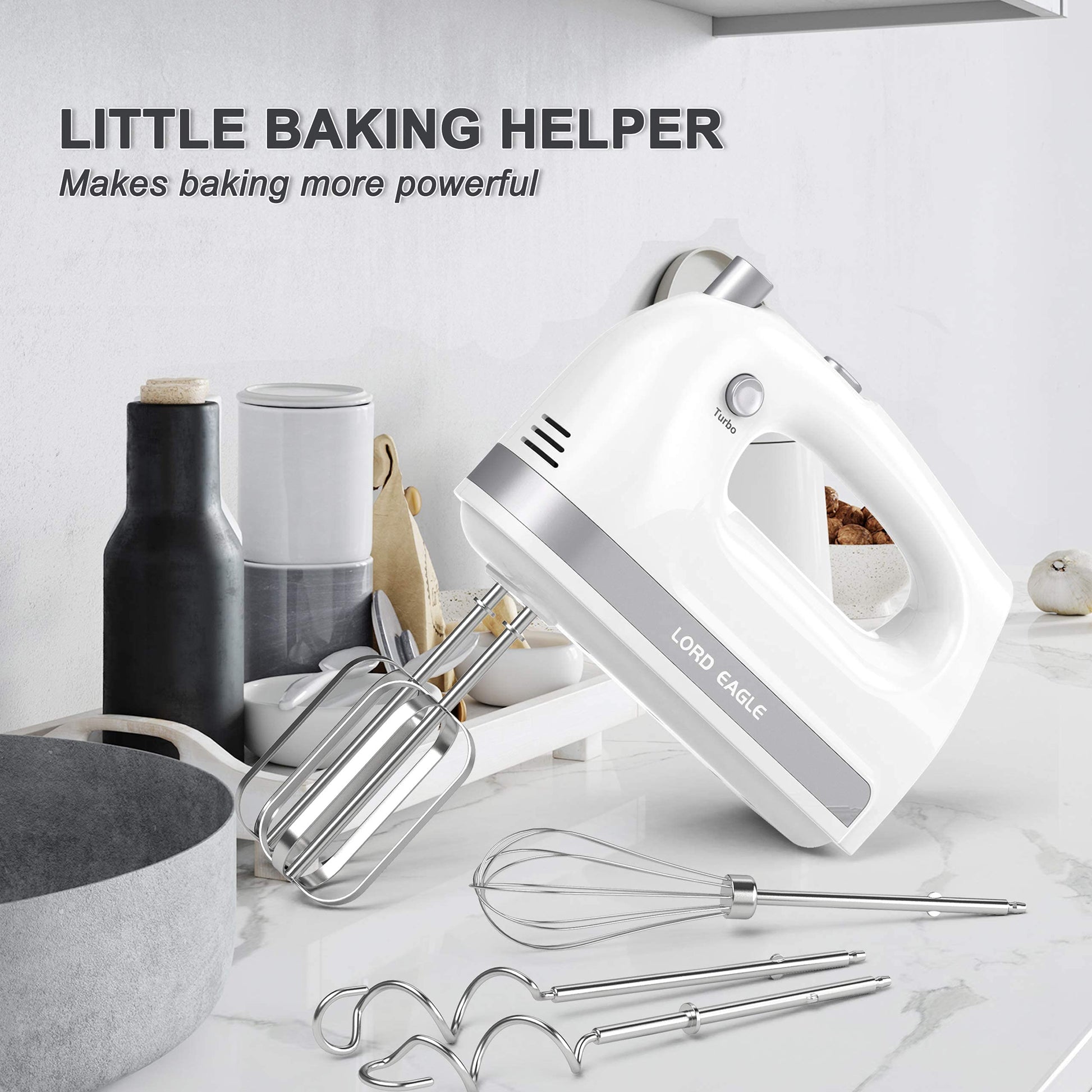 Lord Eagle - Mezclador de mano eléctrico de 400 W, 5 velocidades, 5 accesorios de acero inoxidable para hornear pasteles, crema de huevo, batidor de alimentos, Turbo Boost/velocidad de autocontrol +